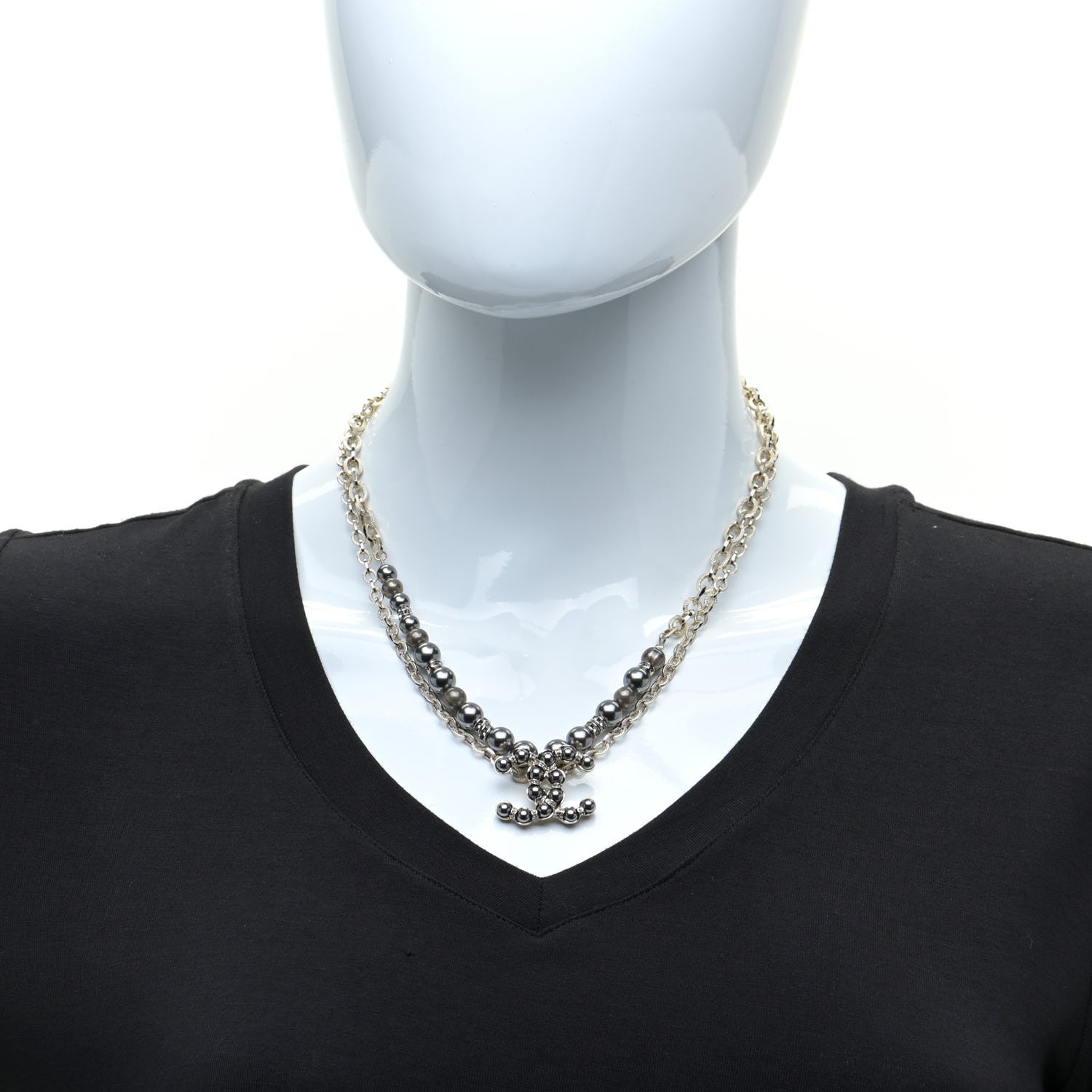 Chanel Crystal Pearl Nefertiti CC Double Chain Pendant Necklace Gold Dark Grey 2 of 6
