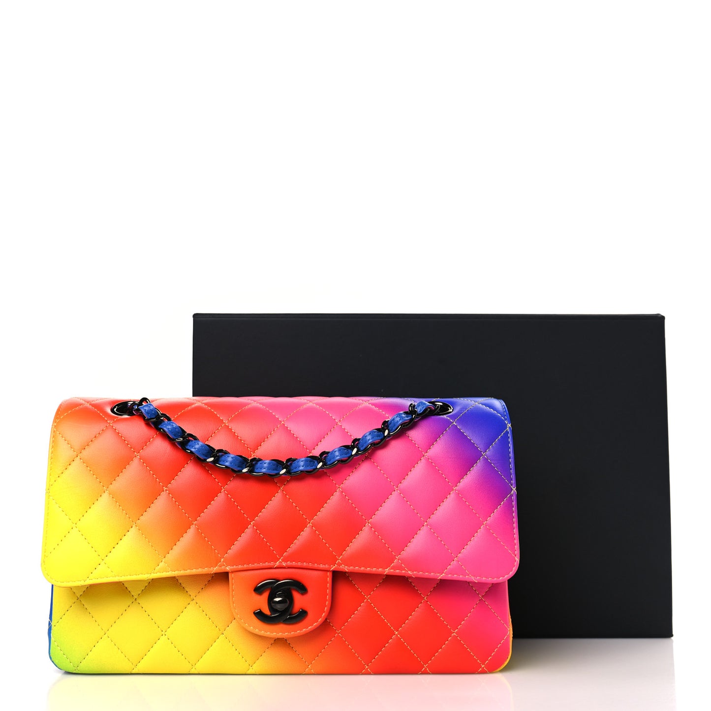Calfskin Quilted Medium Rainbow Double Flap Multicolor
