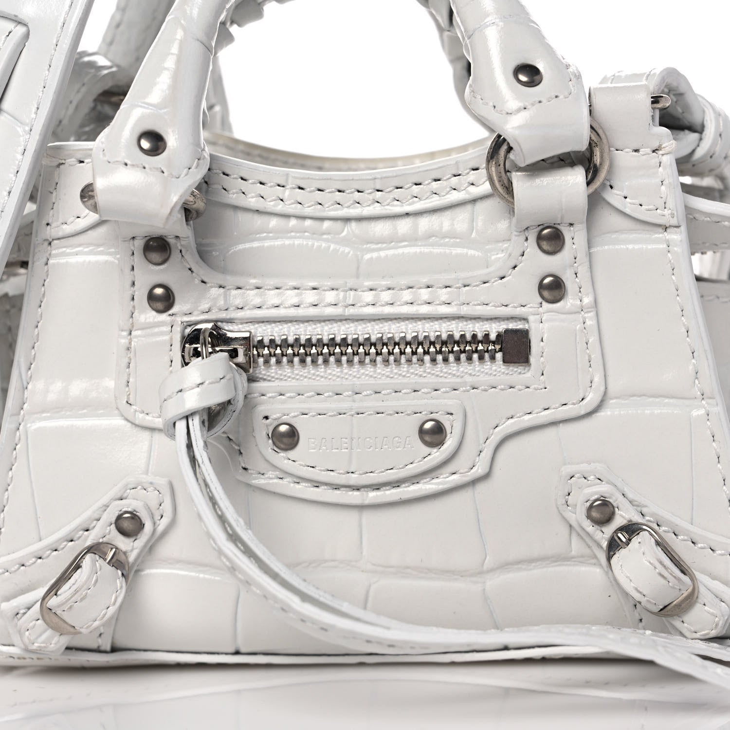 Balenciaga Extra Supple Calfskin Crocodile Embossed Neo Classic Silver Hardware Super Nano City Crossbody White 9 of 11