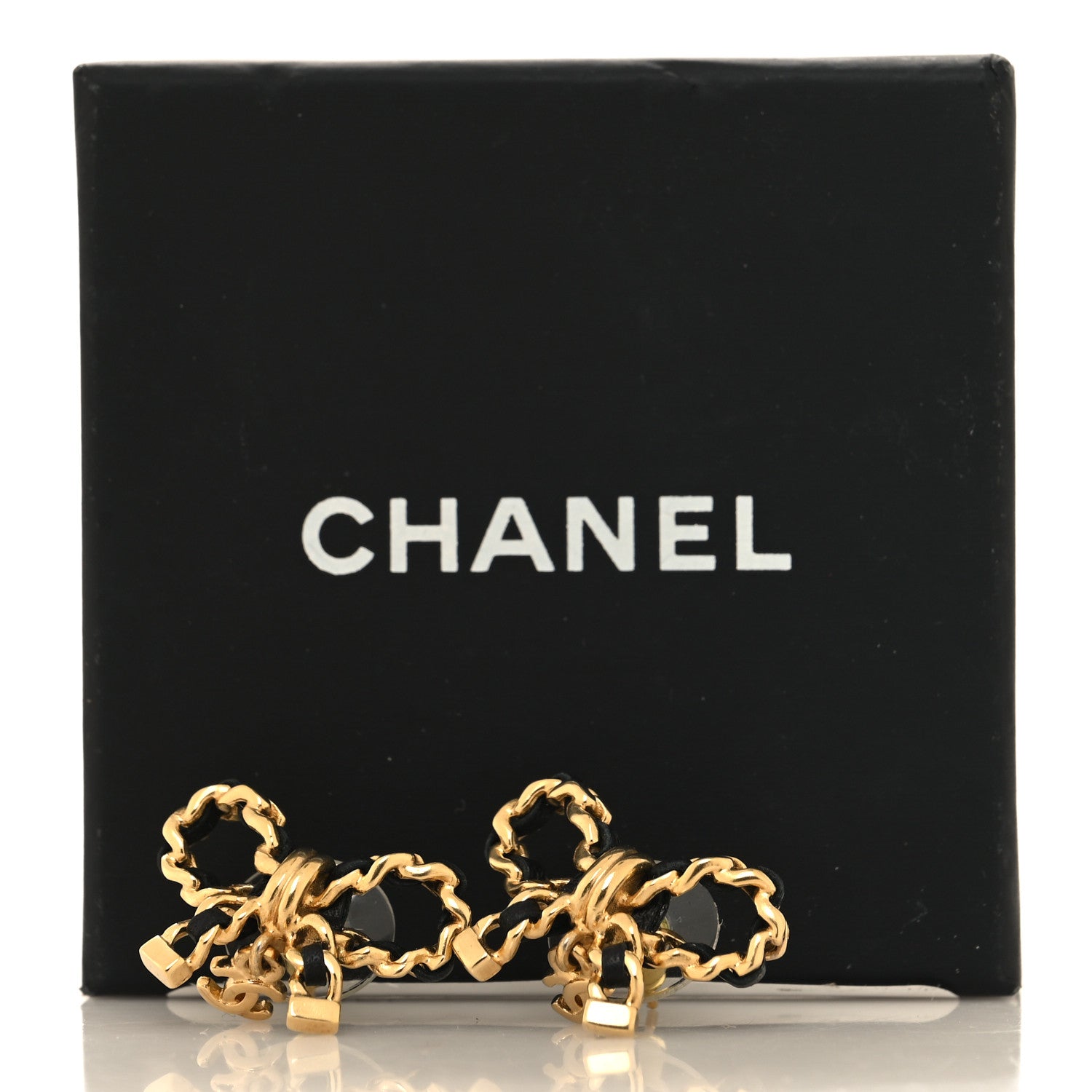 Chanel Lambskin Chain Bow Stud Earrings Black Gold 5 of 5
