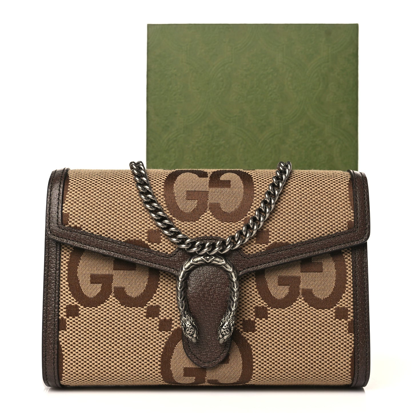 Monogram Jumbo GG Textured Dollar Calfskin Mini Dionysus Chain Wallet Camel Ebony New Acero