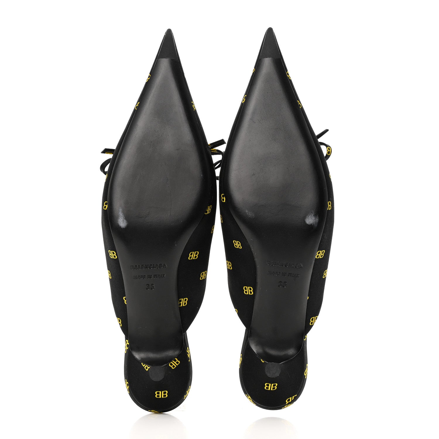Balenciaga Crepe Satin BB Printed Pointy Toe Knife Flat 40mm Mules 36 Black Yellow Fluo 5 of 17