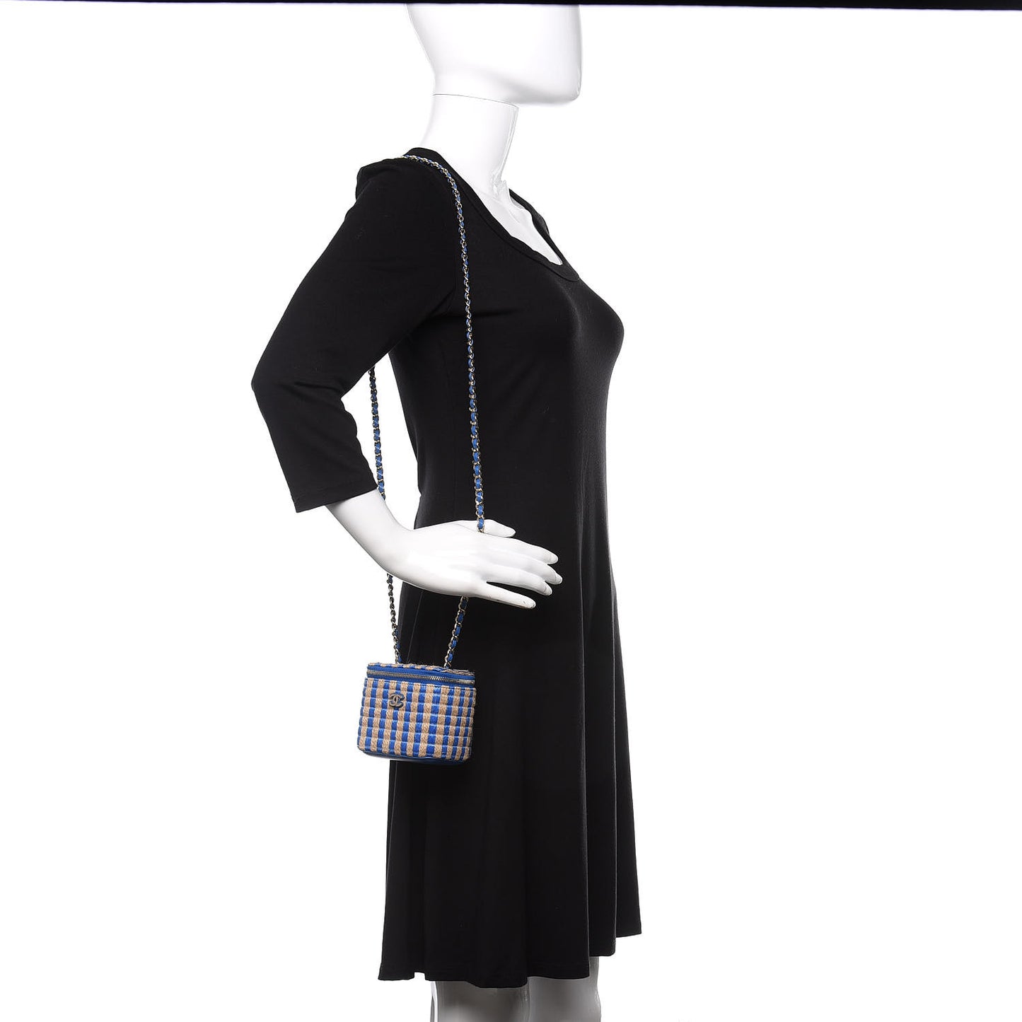 Raffia Jute Striped Mini Vanity Case With Chain Blue Beige