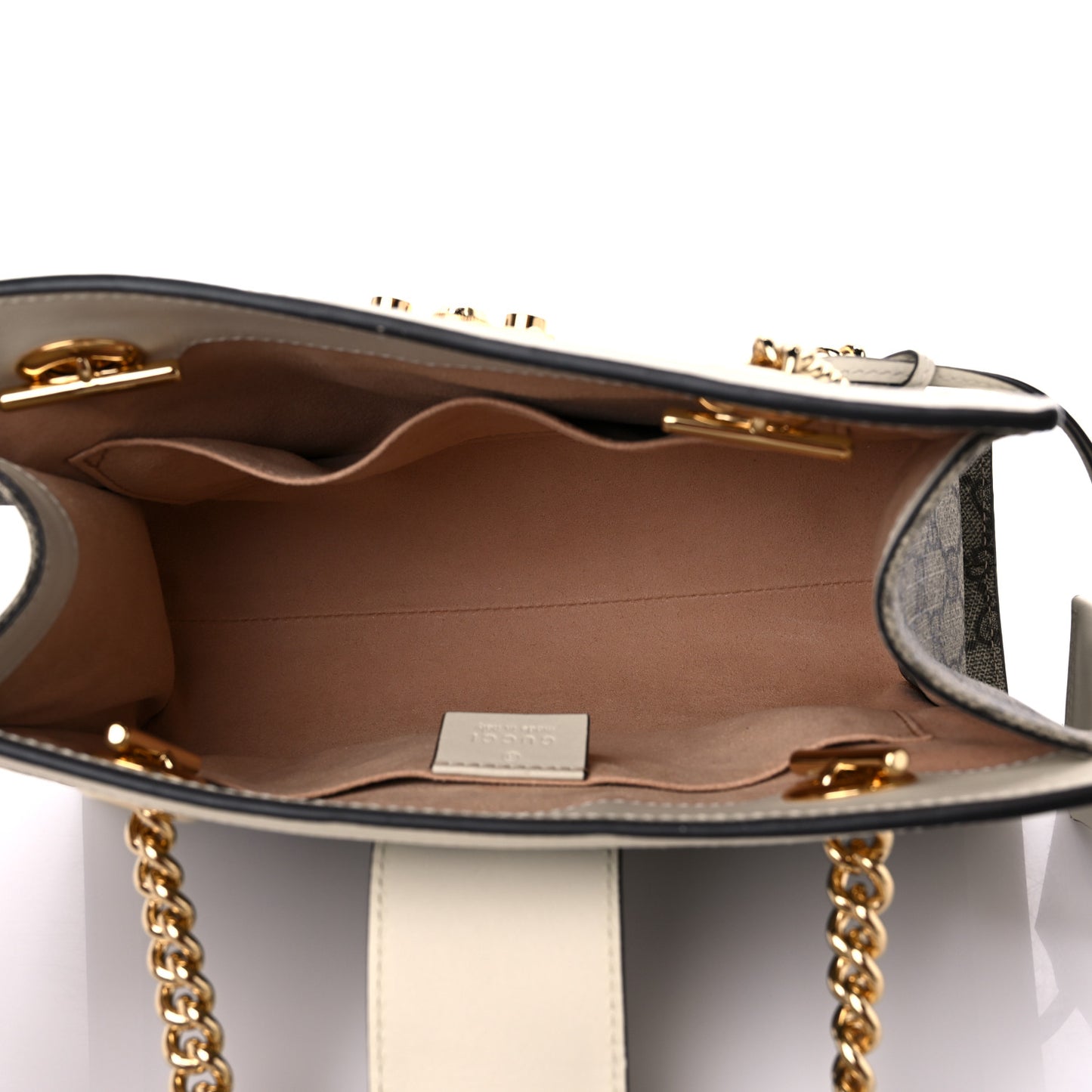 GG Supreme Monogram Moon Calfskin Small Padlock Tote Beige Ebony Mystic White