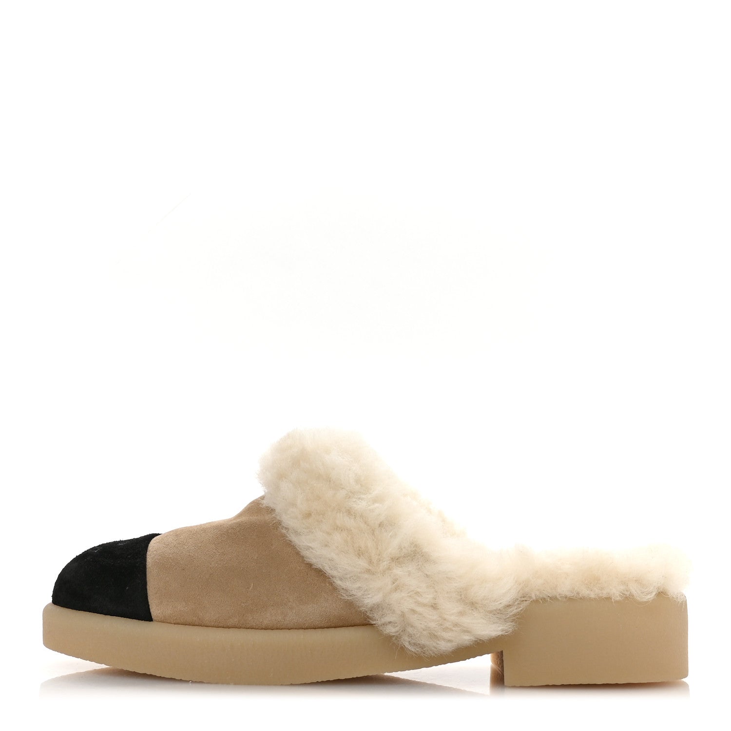 Chanel Suede Shearling CC Cap Toe Mules 41 Beige Black 1775073
