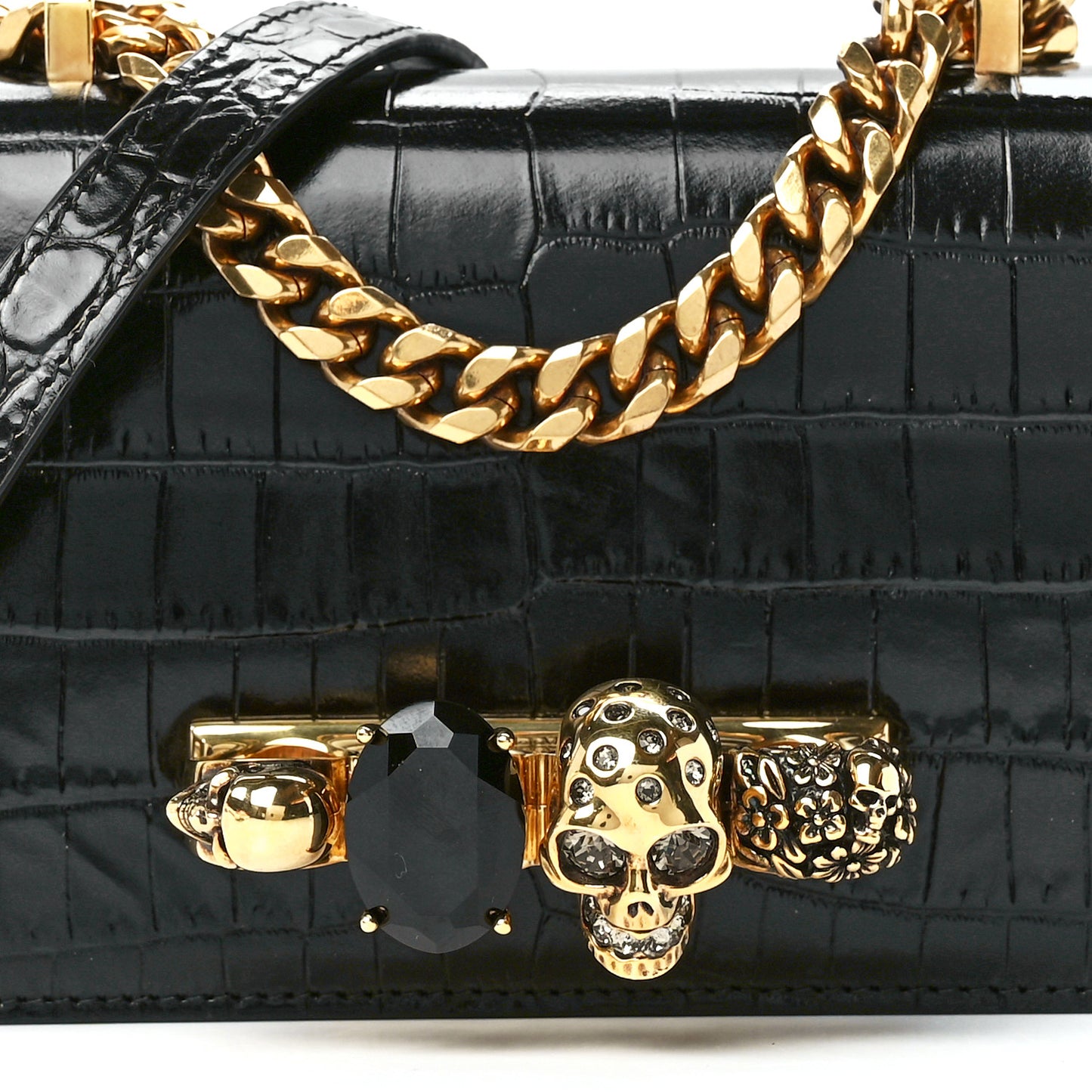 Calfskin Crocodile Embossed Mini Jeweled Satchel Black