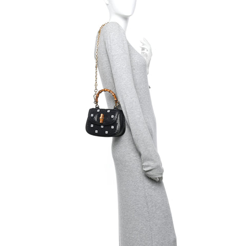 Sequin Lizard Embossed GG Mini Bamboo 1947 Top Handle Chain Bag Black White