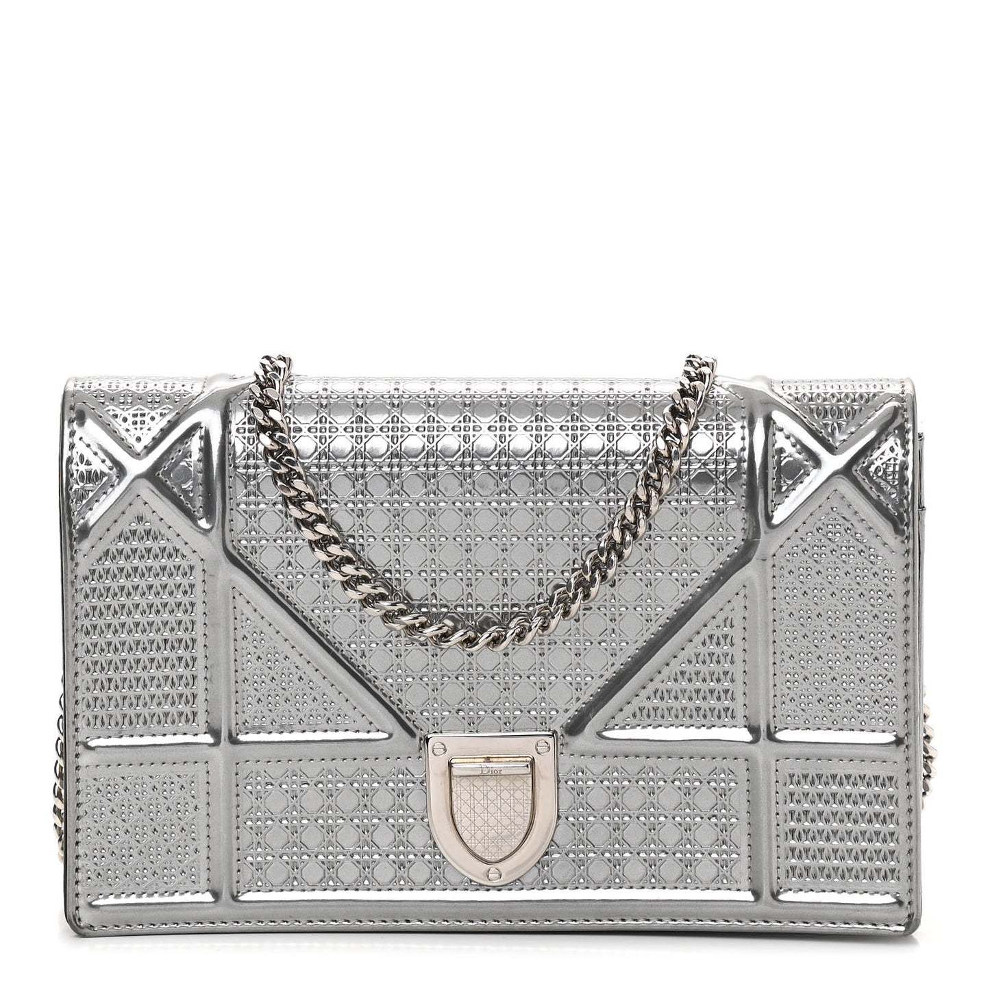 Metallic Patent Micro-Cannage Diorama Wallet on Chain Pouch Silver