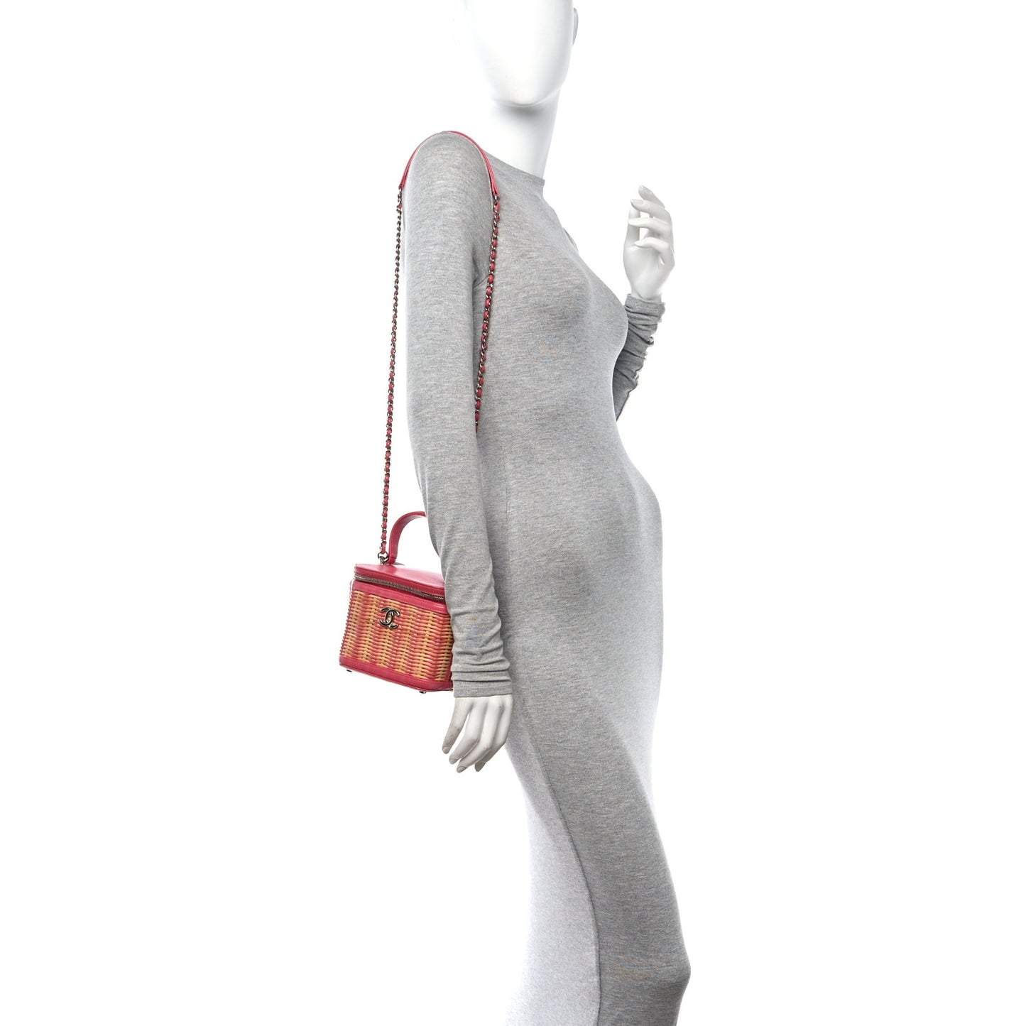 Calfskin Raffia Small Take Away Vanity Case Bag Pink Beige