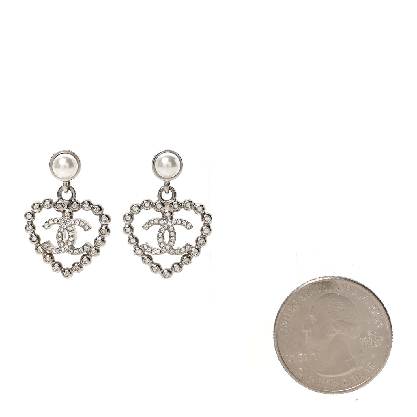 Pearl Crystal CC Heart Drop Earrings Silver