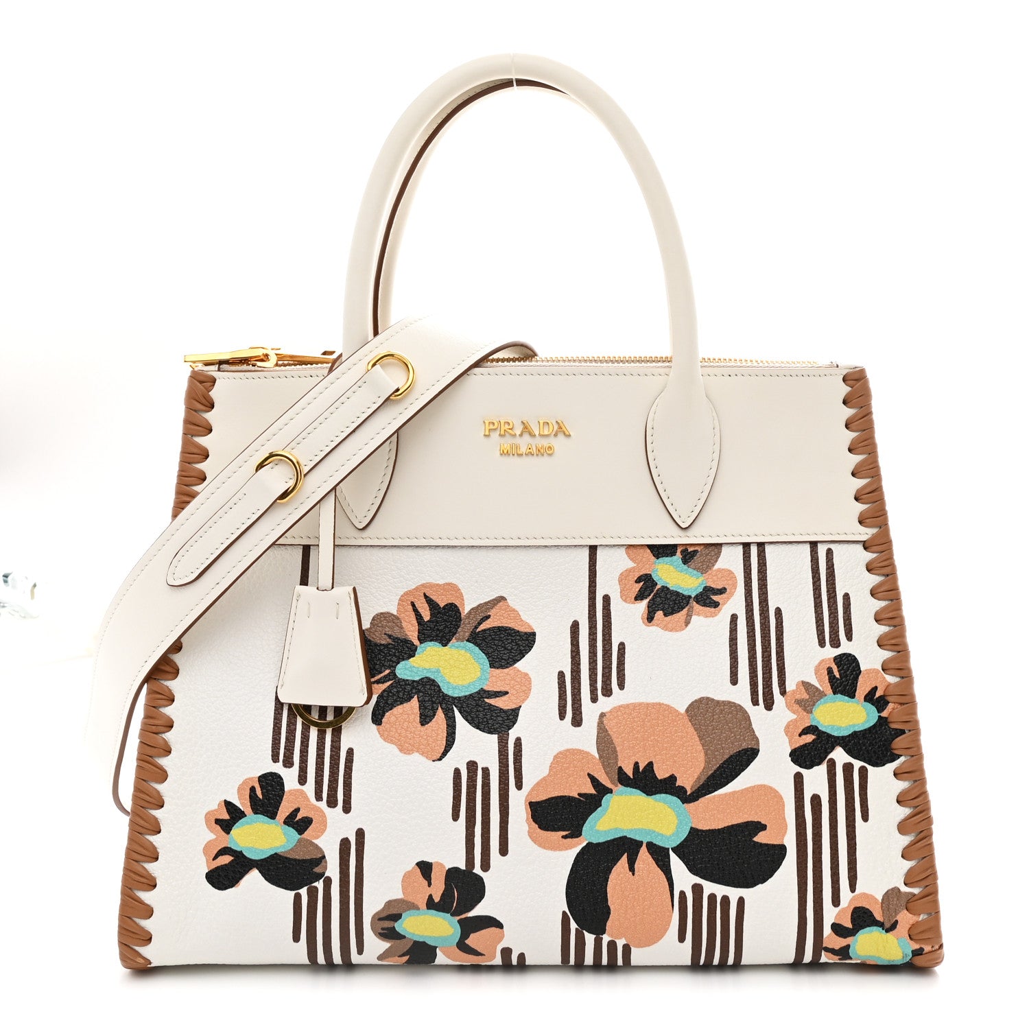 Prada Saffiano Whipstitch Medium Paradigme Bag White Caramel