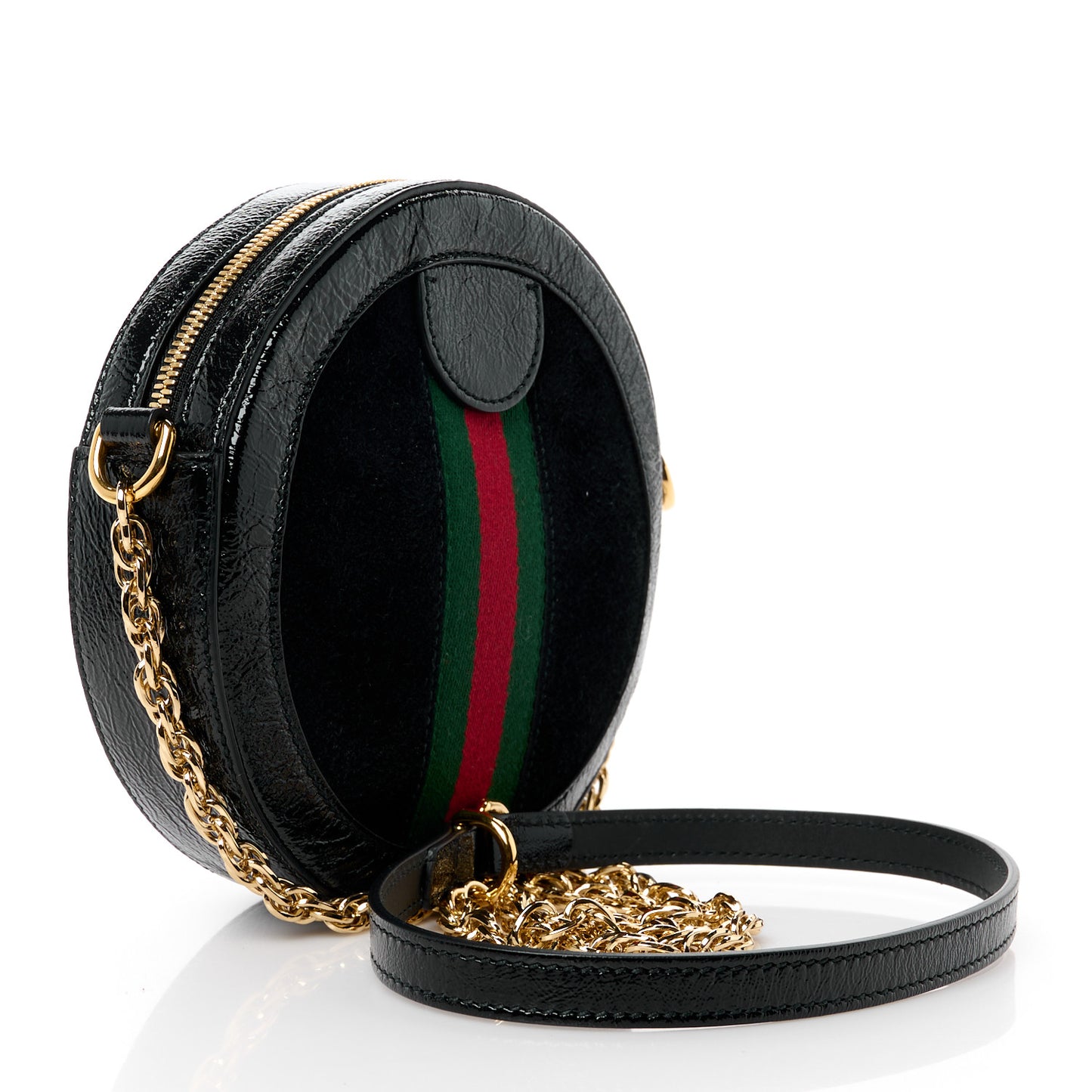 Suede Patent Web Mini Ophidia Round Shoulder Bag Black