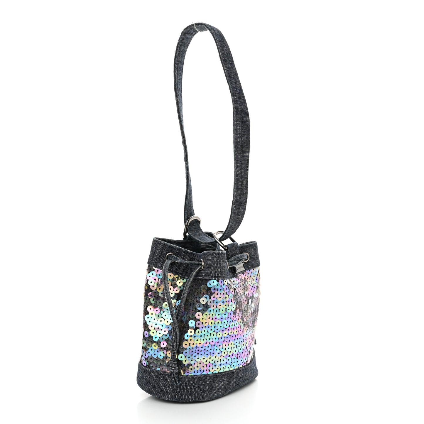 Sequin Denim Small Drawstring Bucket Bag Blue