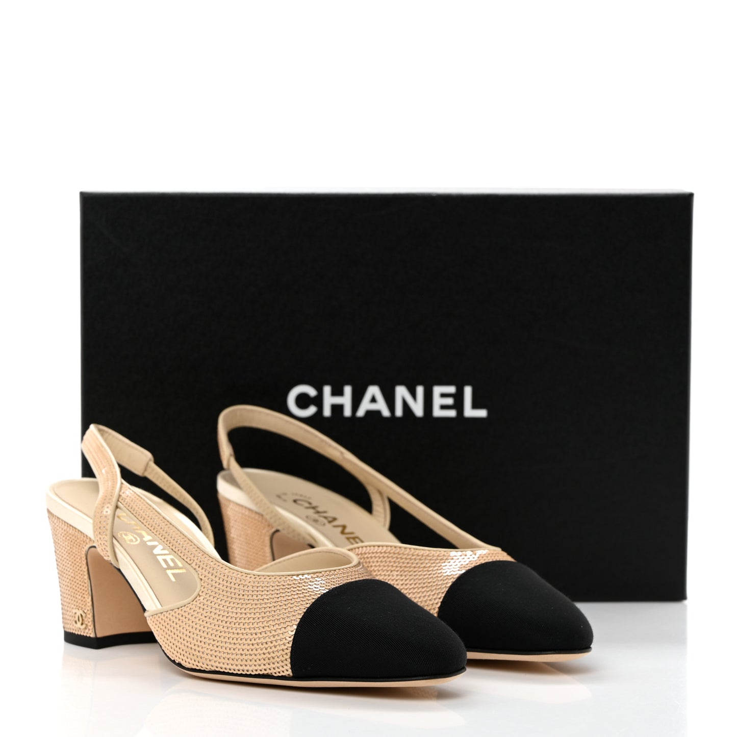 Sequin Grosgrain Cap Toe CC Slingback Pumps 36.5 Gold Black