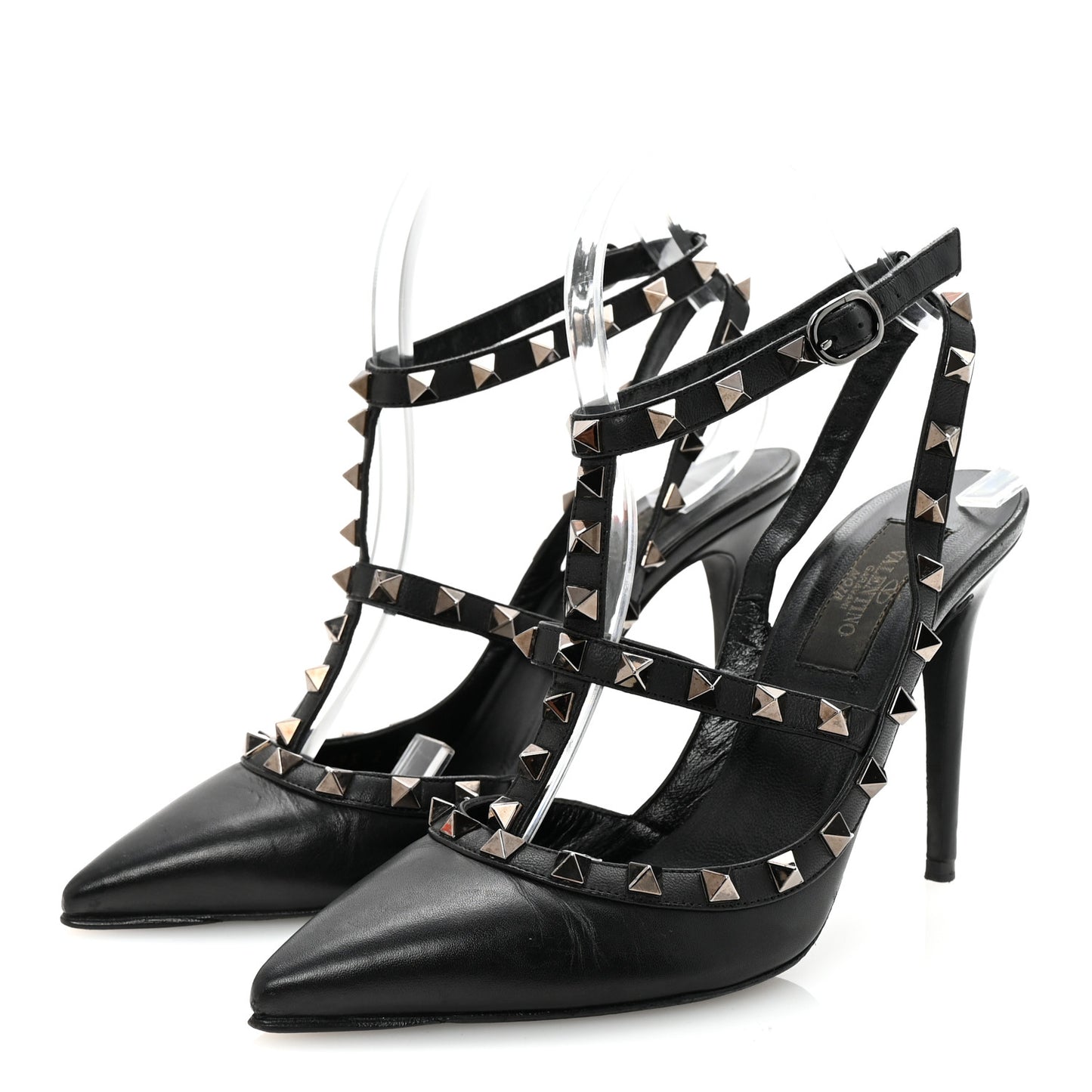 Calfskin Nappa Rockstud Ankle Strap 100mm Pumps 37 Black