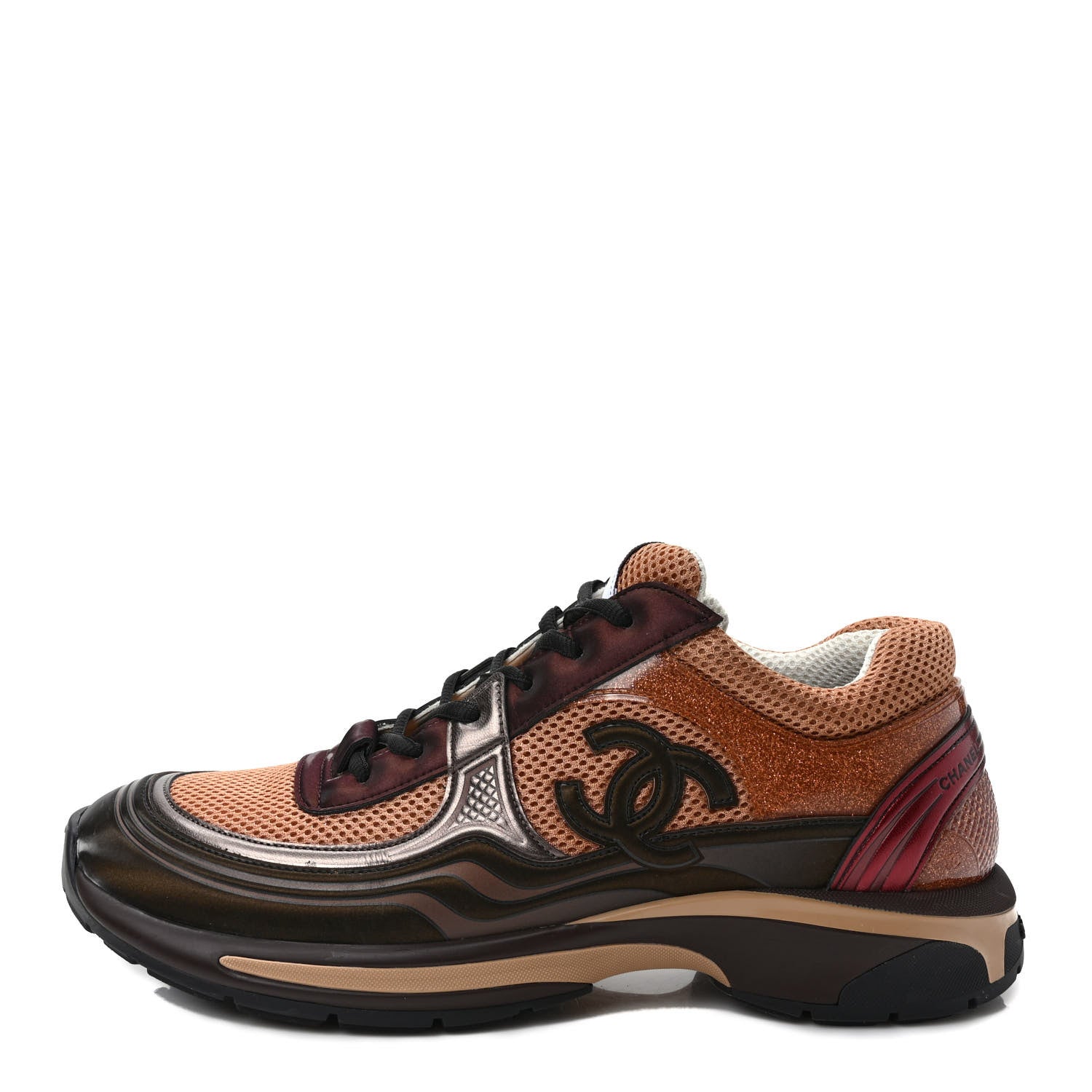Chanel Fabric Laminated Calfskin Stretch CC Mens Sneakers 45 Brown