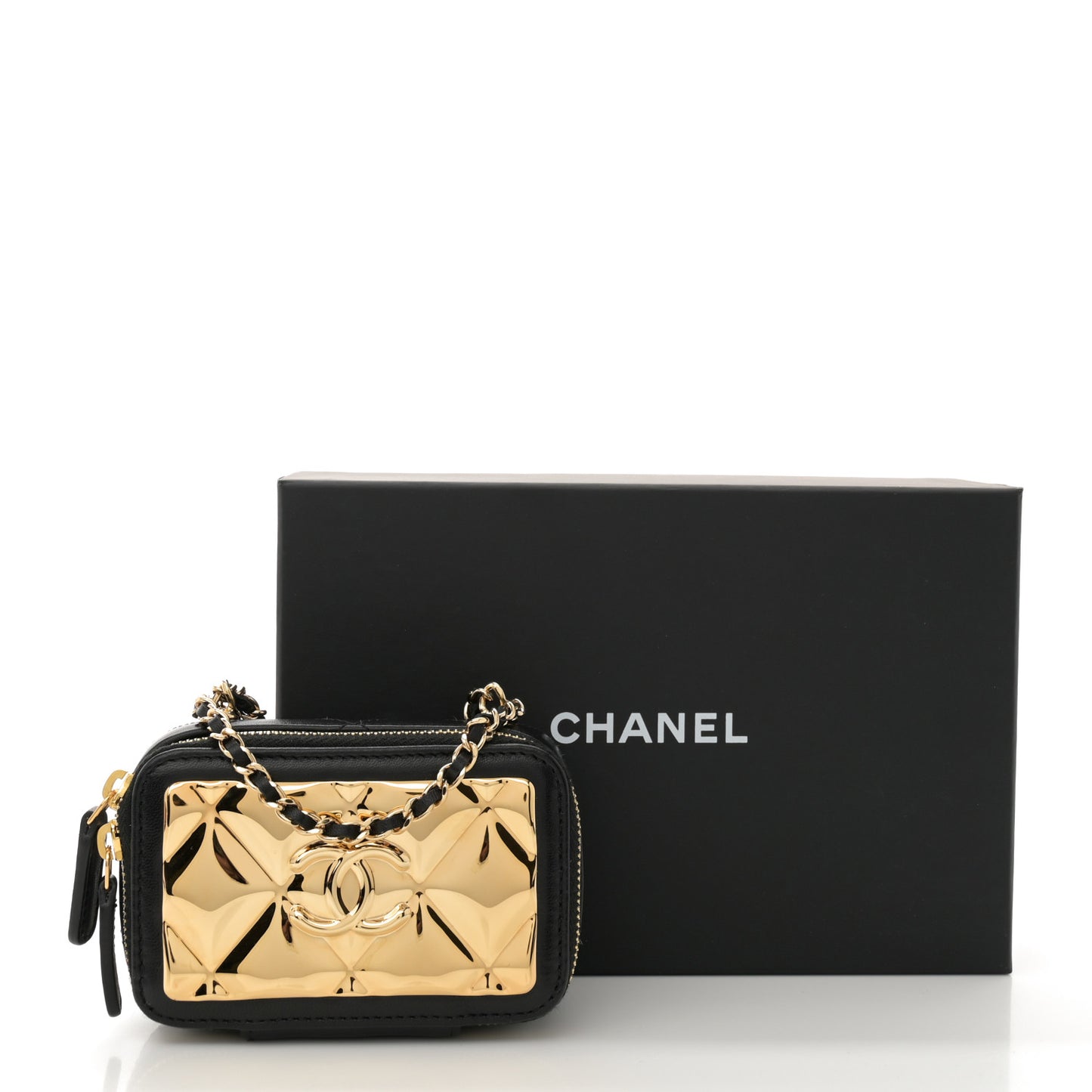 Lambskin Metal Quilted Extra Mini Vanity Case With Chain Black Gold