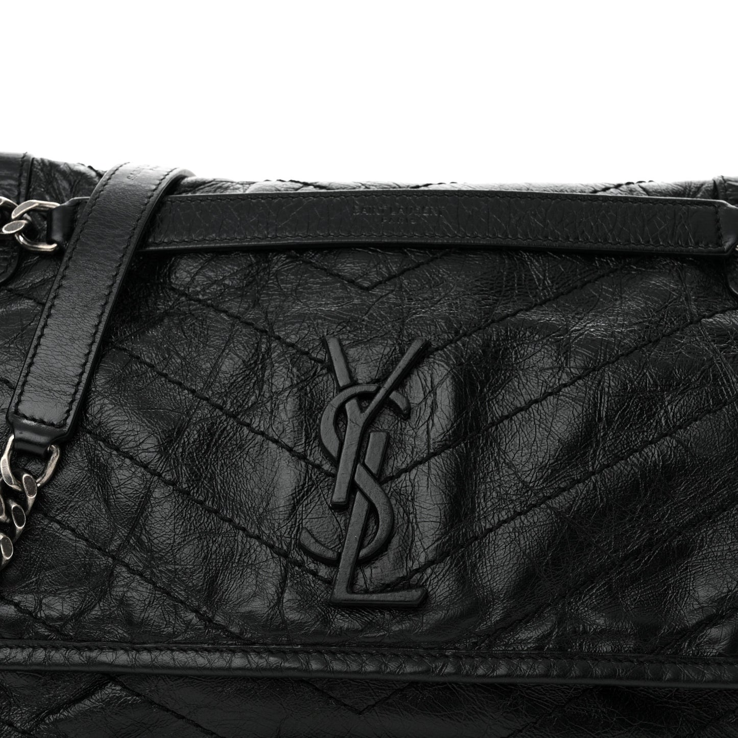 Crinkled Calfskin Matelasse Monogram Medium Niki Chain Satchel Black