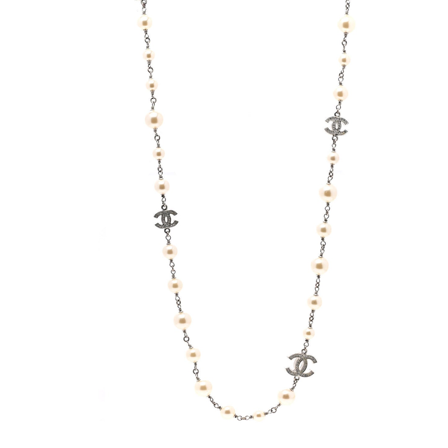 Graduated Pearl Crystal CC Long Necklace Silver