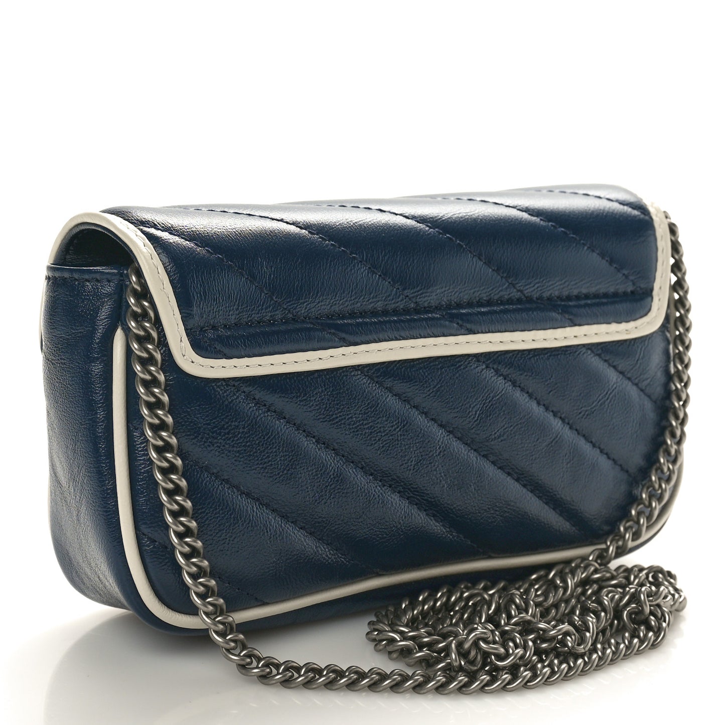 Vintage Effect Calfskin Matelasse Diagonal Super Mini Torchon GG Marmont Shoulder Bag Blue Agata Mystic White