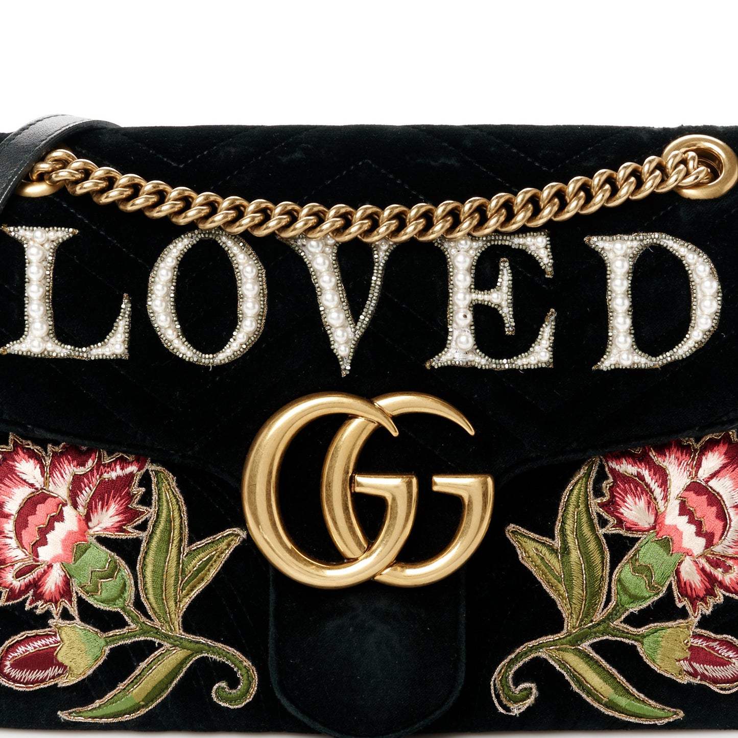 Velvet Matelasse Loved Embroidered Medium GG Marmont Shoulder Bag Black