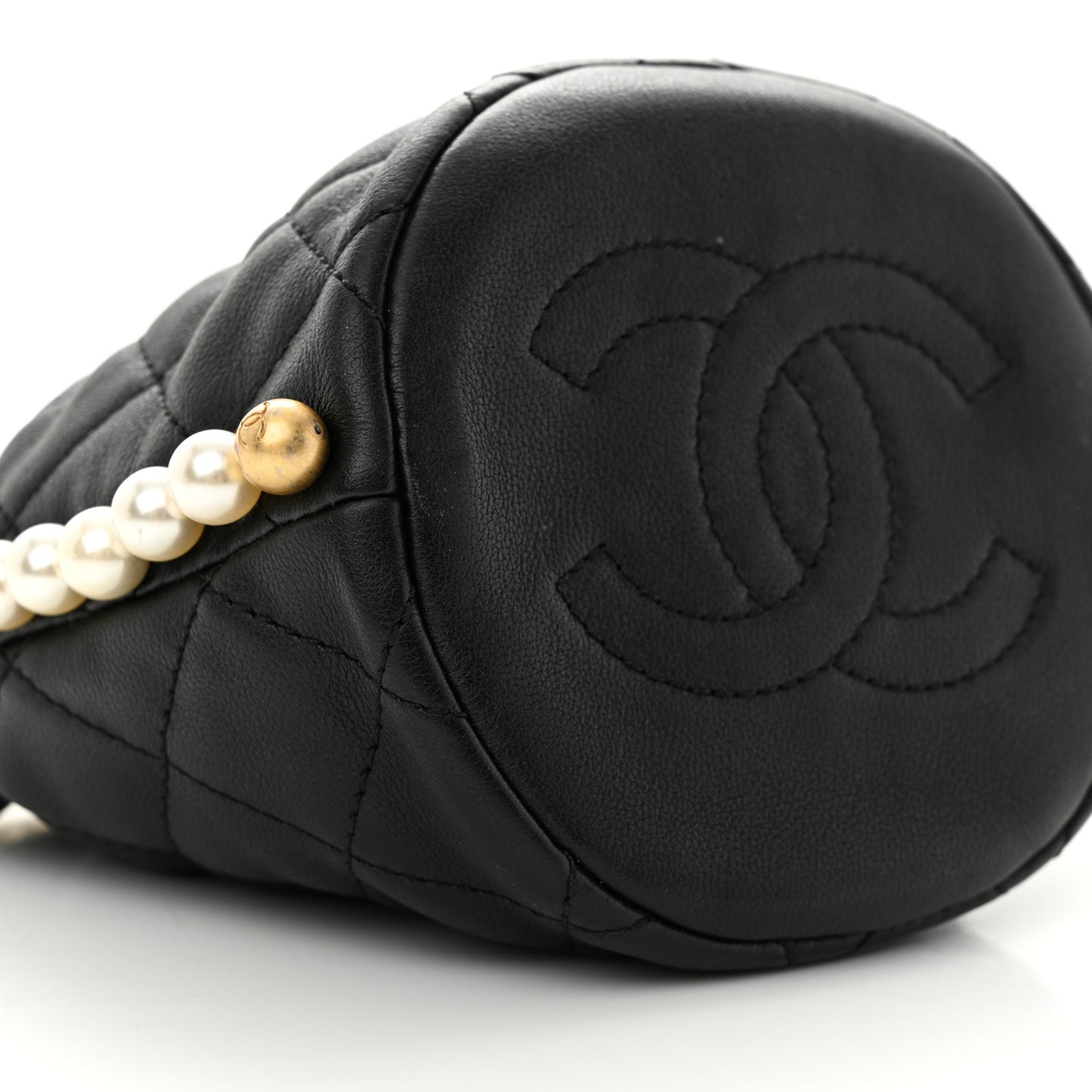 Calfskin Quilted Pearl Mini About Pearls Drawstring Bucket Bag Black