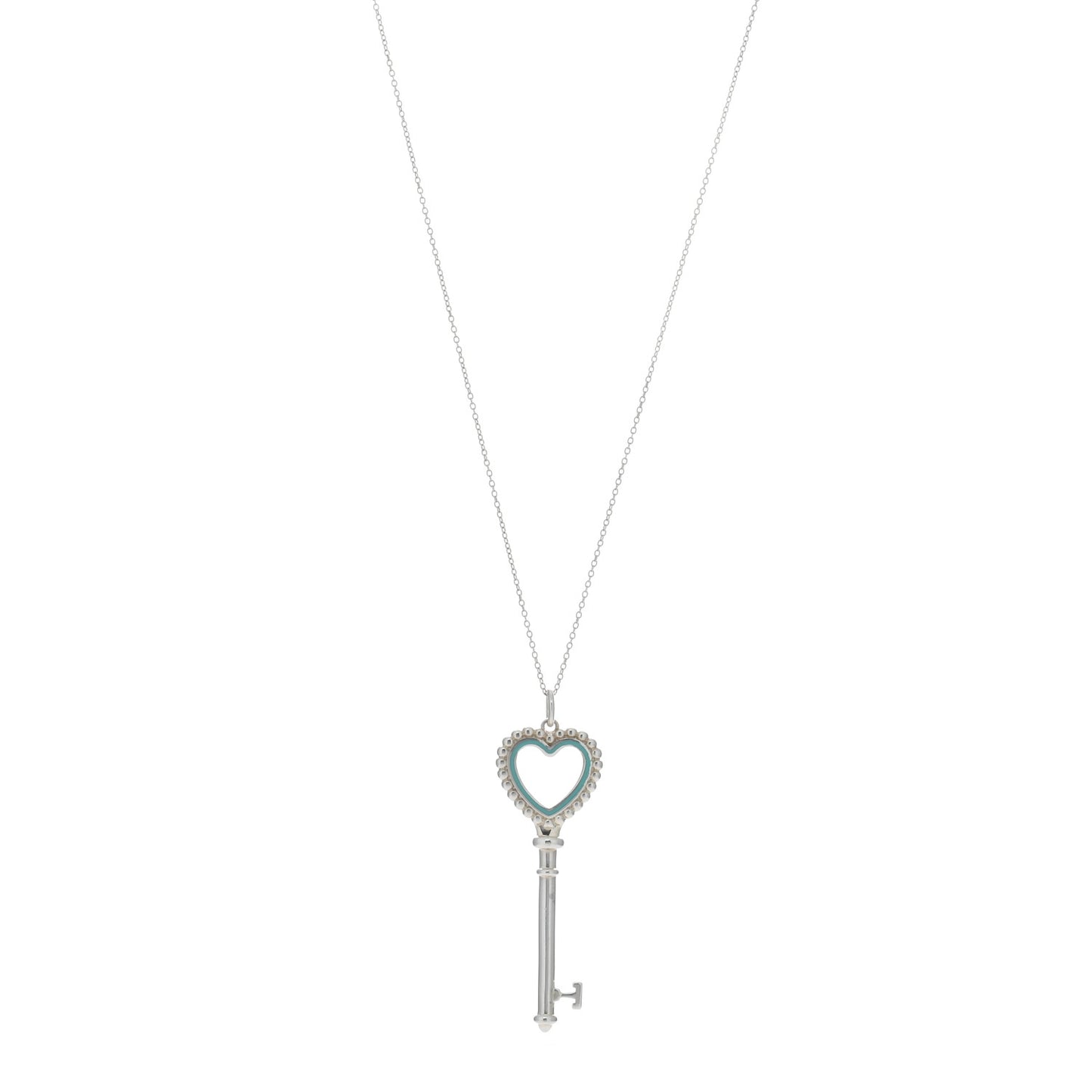 Sterling Silver Enamel Beaded Heart Key Pendant Necklace Blue