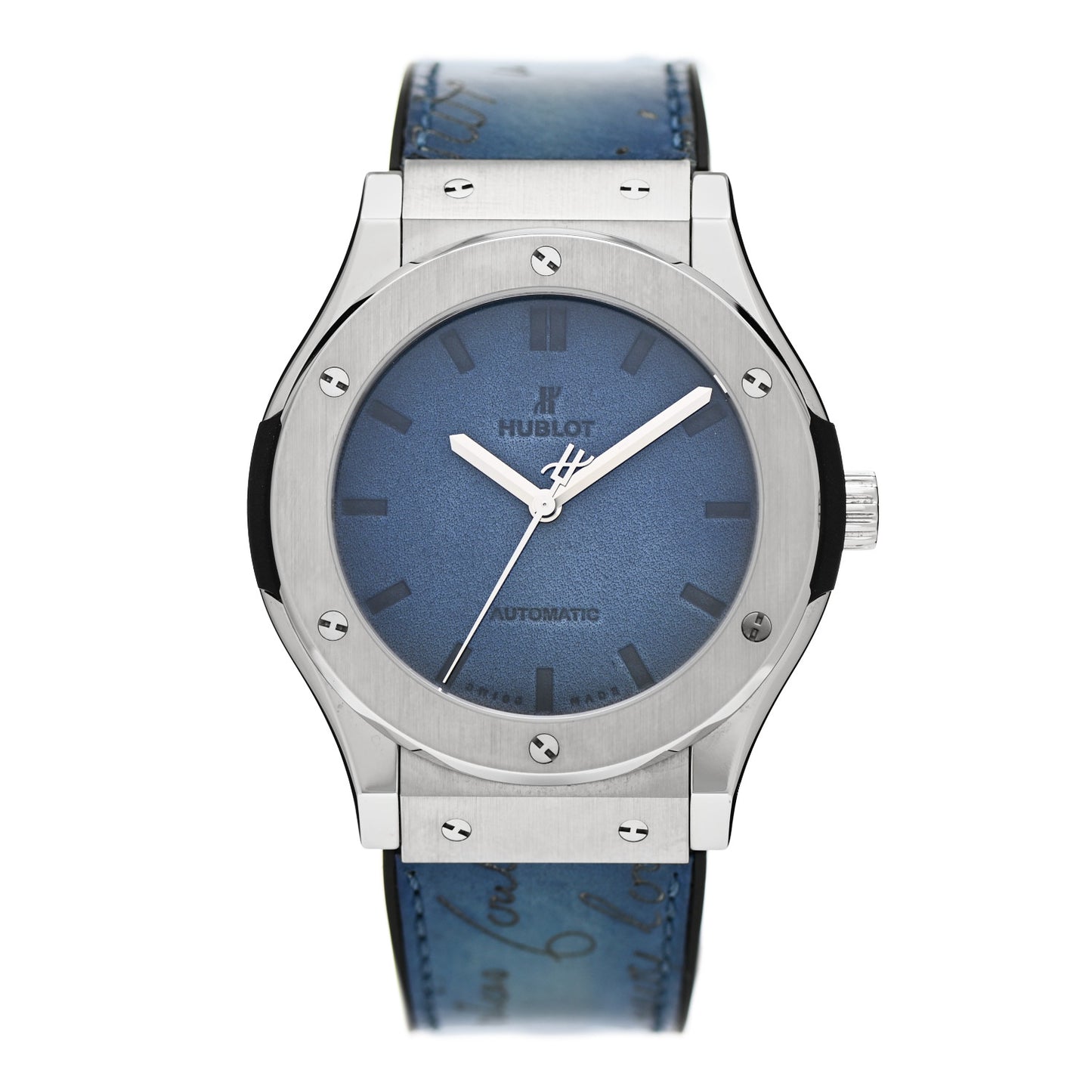 Stainless Steel Titanium Calfskin 45mm Classic Fusion Berluti Scritto Limited Edition Automatic Watch Blue 511.NX.050B.VR.BER16