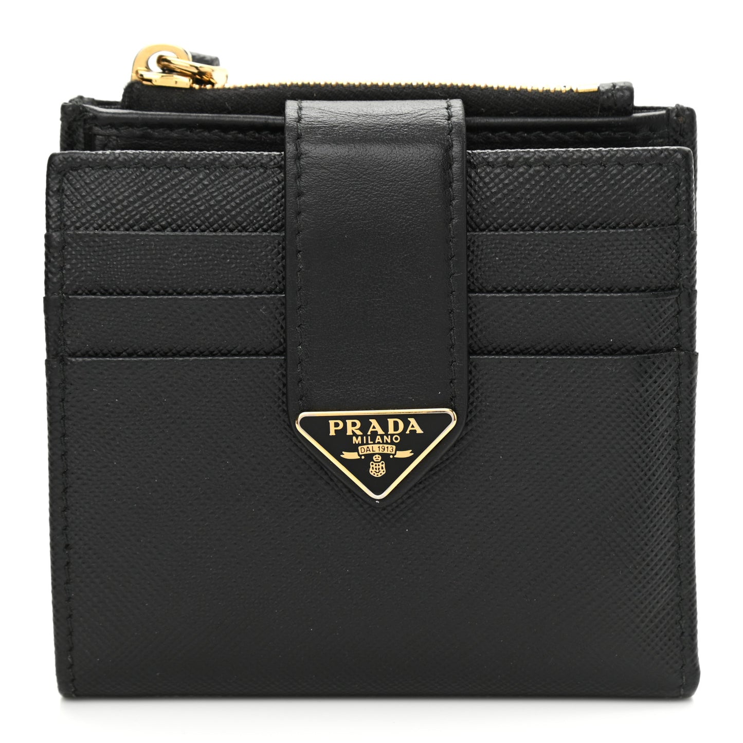 Saffiano Smooth Calfskin Tab Card Holder Compact Wallet Black
