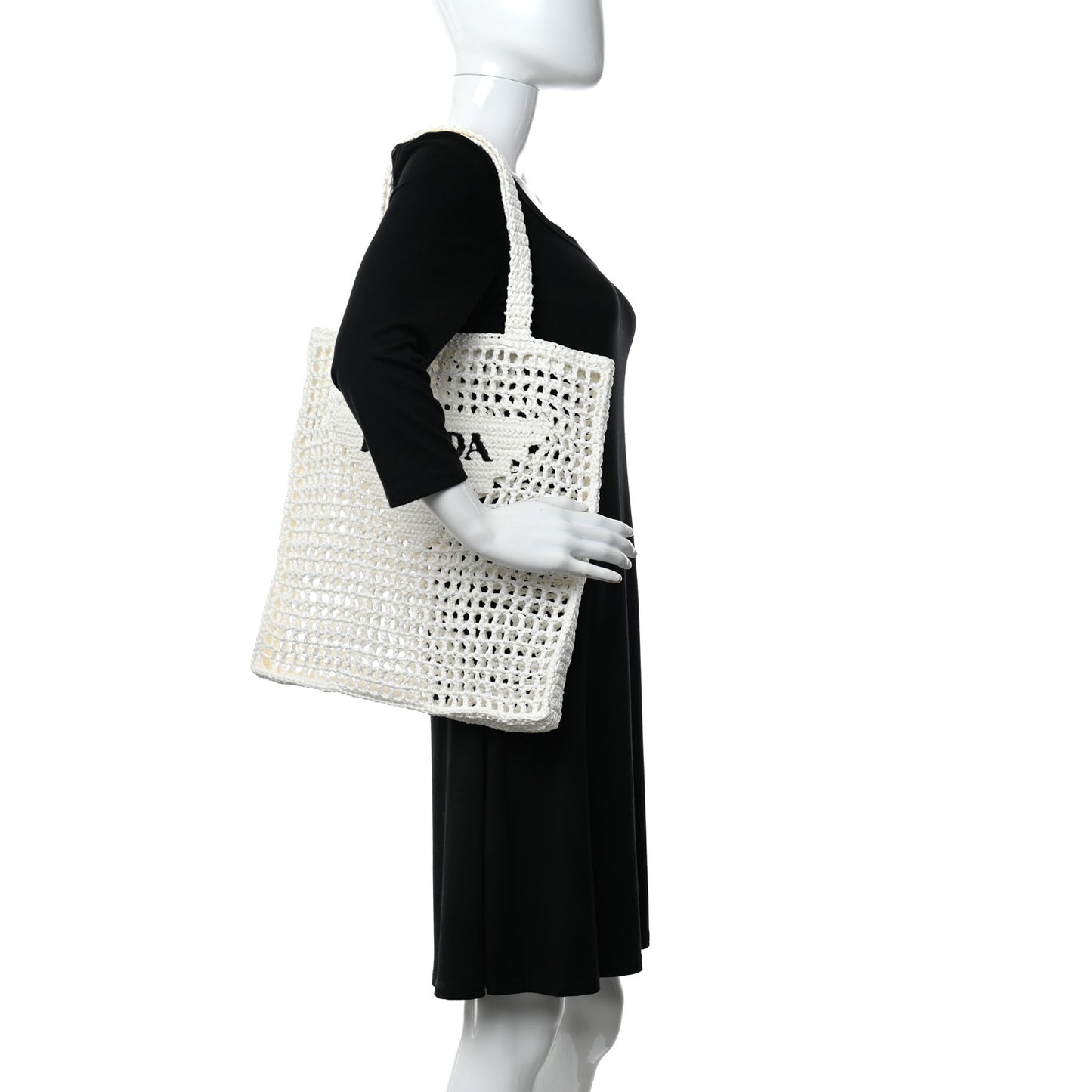 Yarn Raffia Effect Crochet Logo Embroidered Tote Bag White