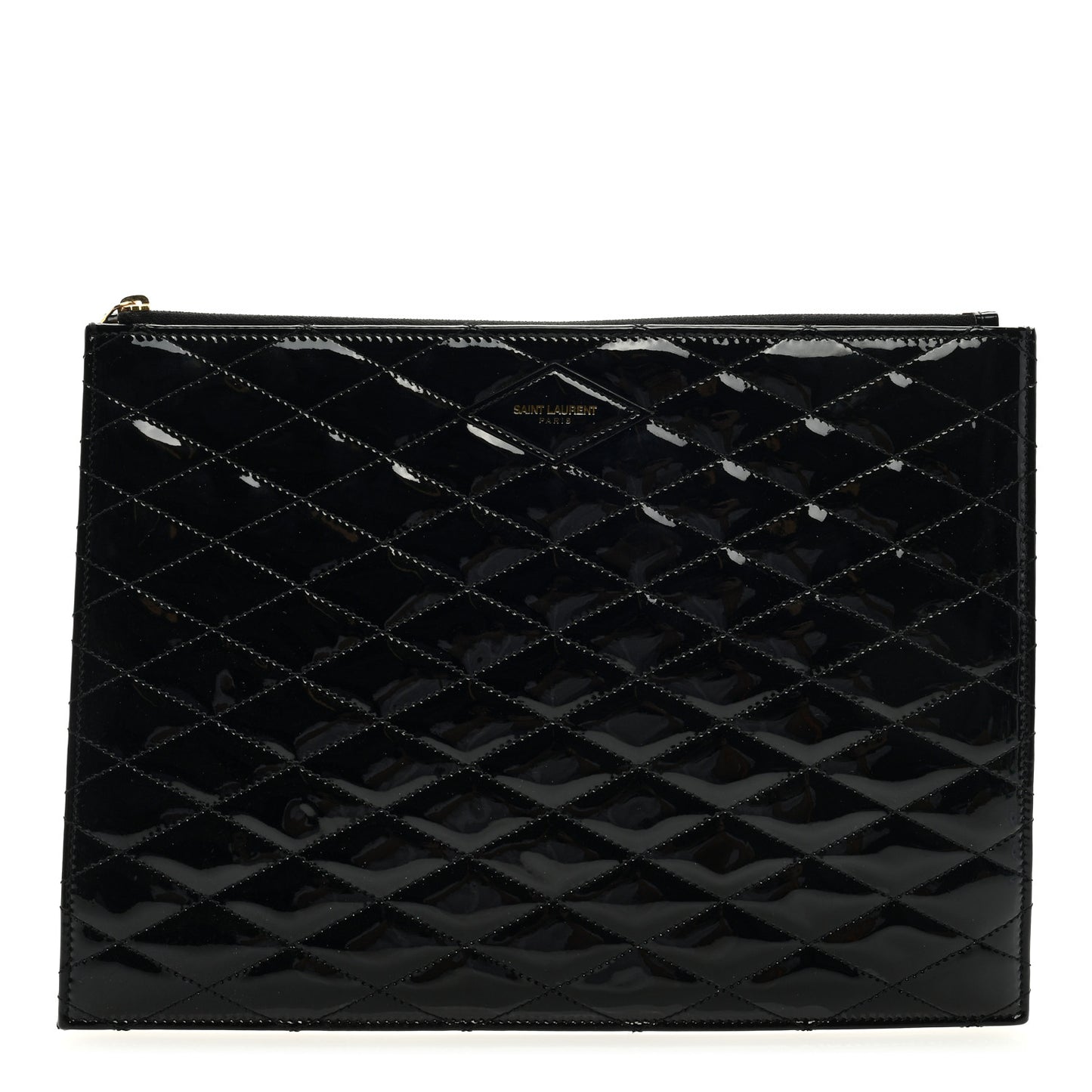 Patent Calfskin Quilted Zipped Pouch Black