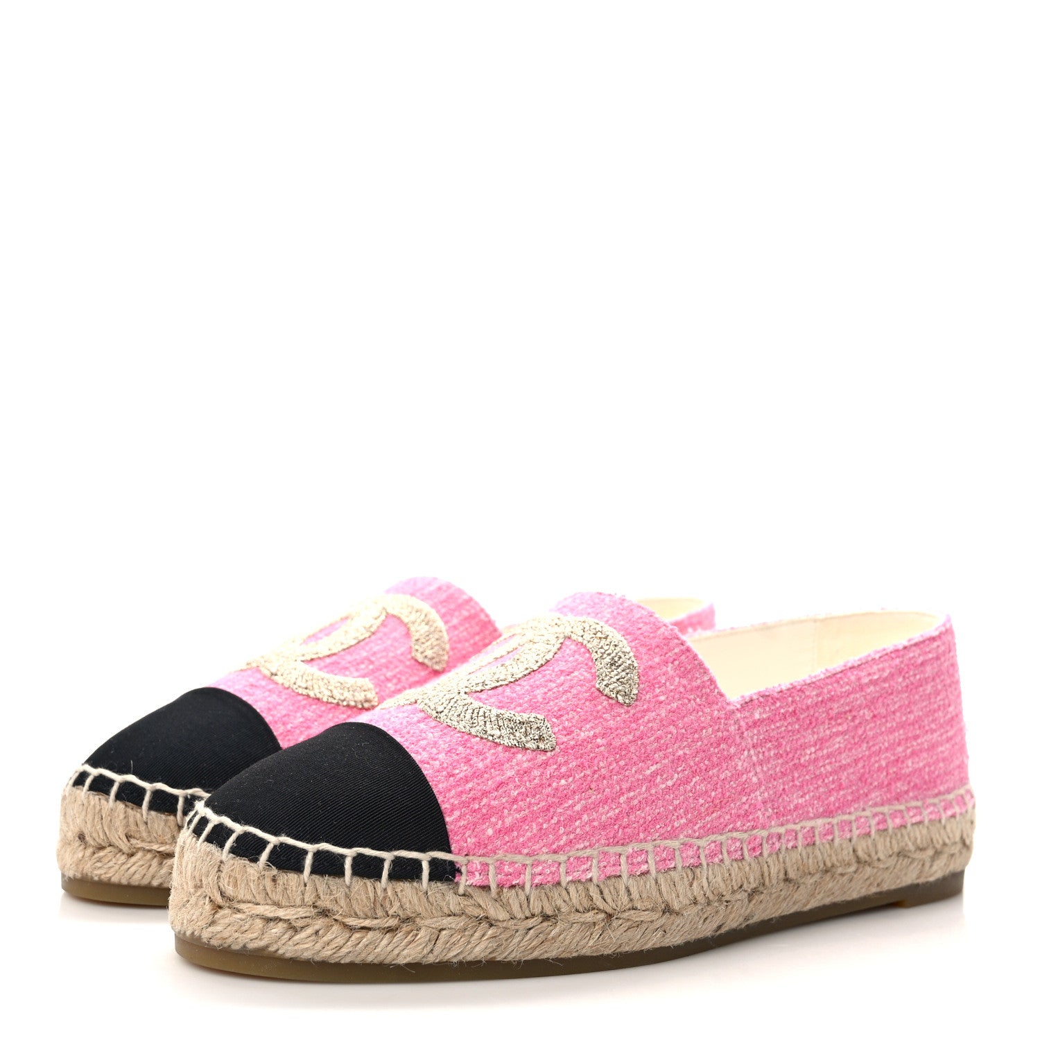 Chanel Tweed Grosgrain CC Espadrilles 36 Pink Ivory Gold Black 3 of 9