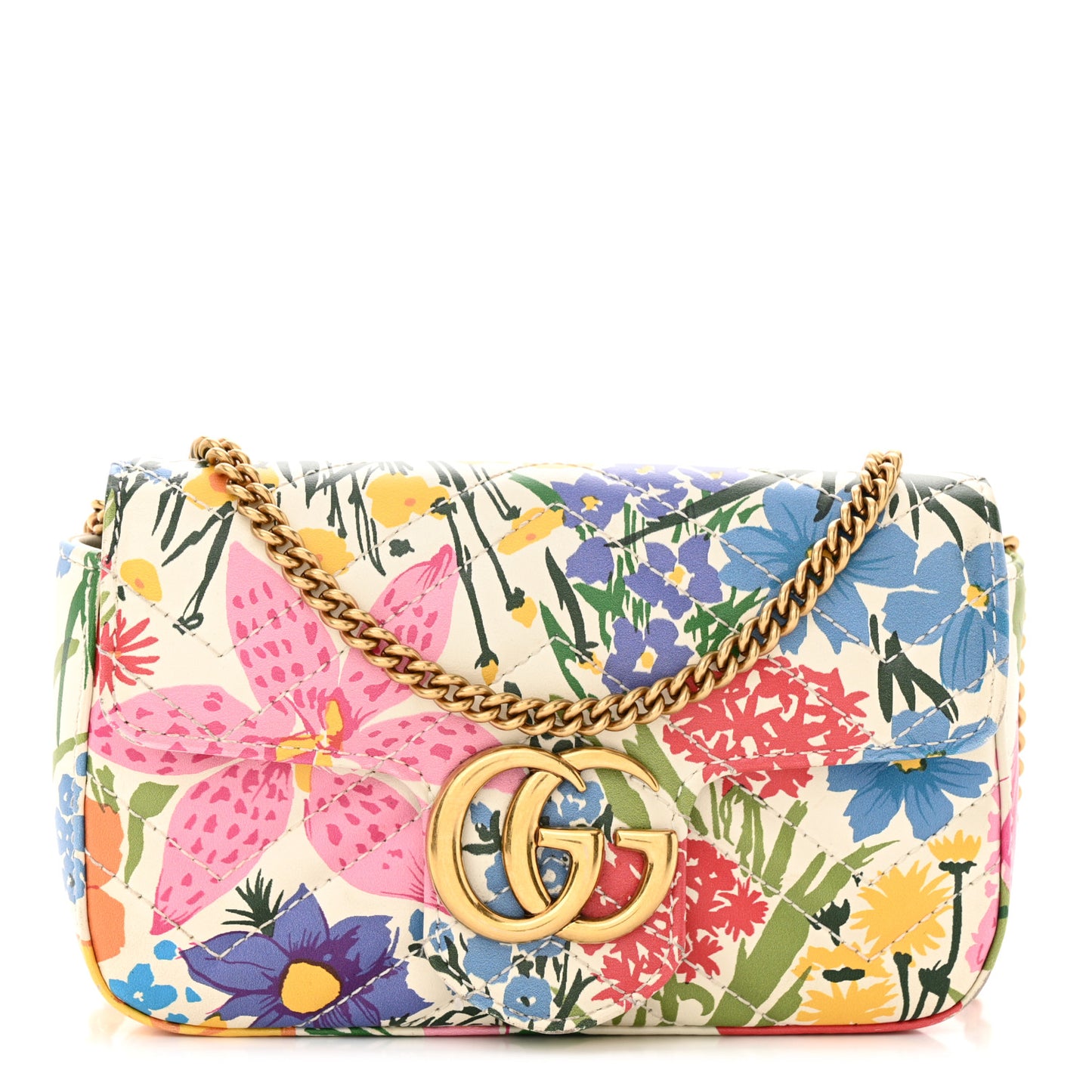 X KEN SCOTT Calfskin Matelasse Floral Print Super Mini GG Marmont Shoulder Bag Ivory Pink