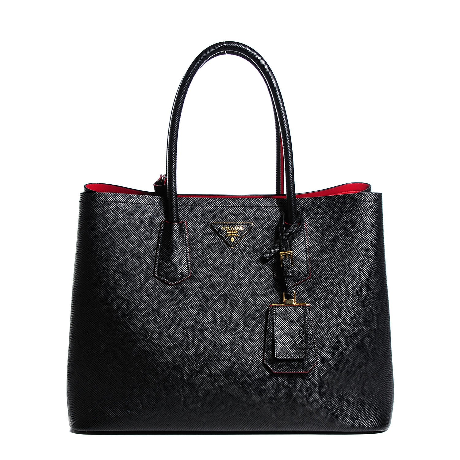 Prada Saffiano Cuir Large Double Bag Nero Black Ciliegia 121311