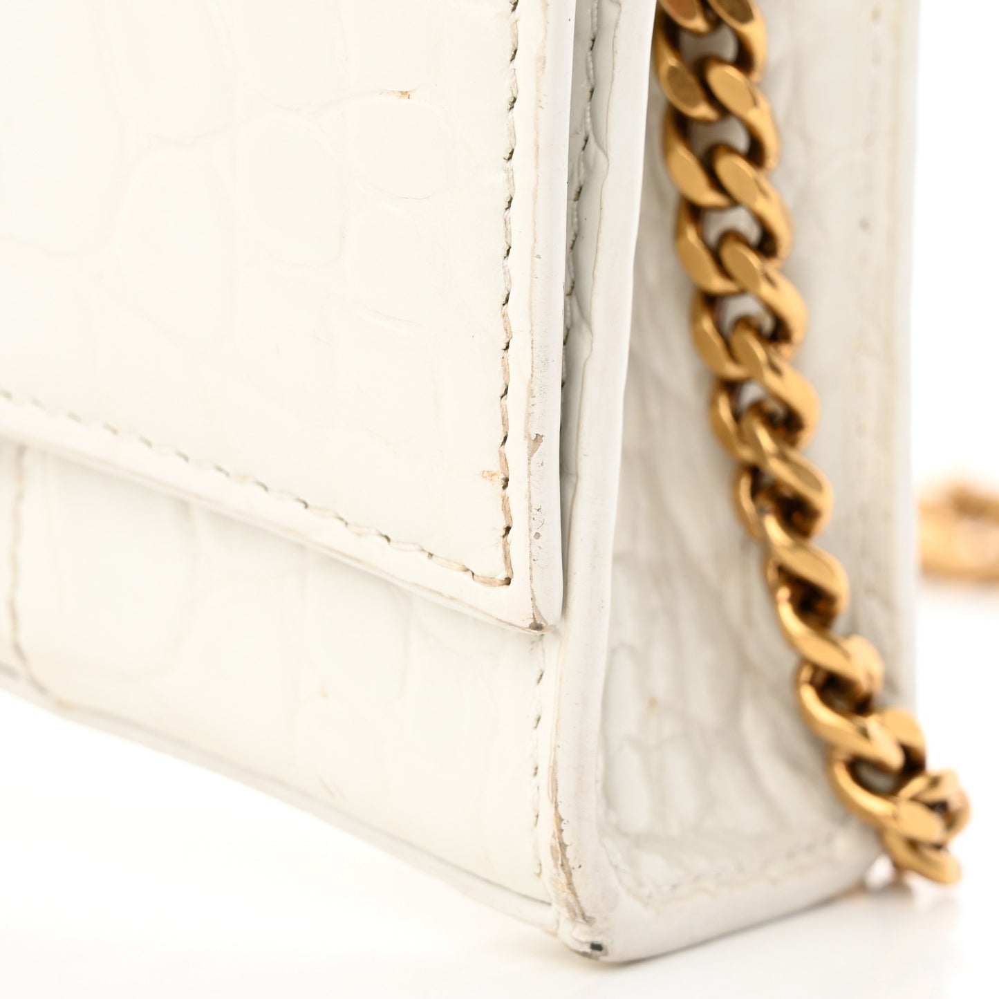 Shiny Calfskin Crocodile Embossed Hourglass Chain Bag White