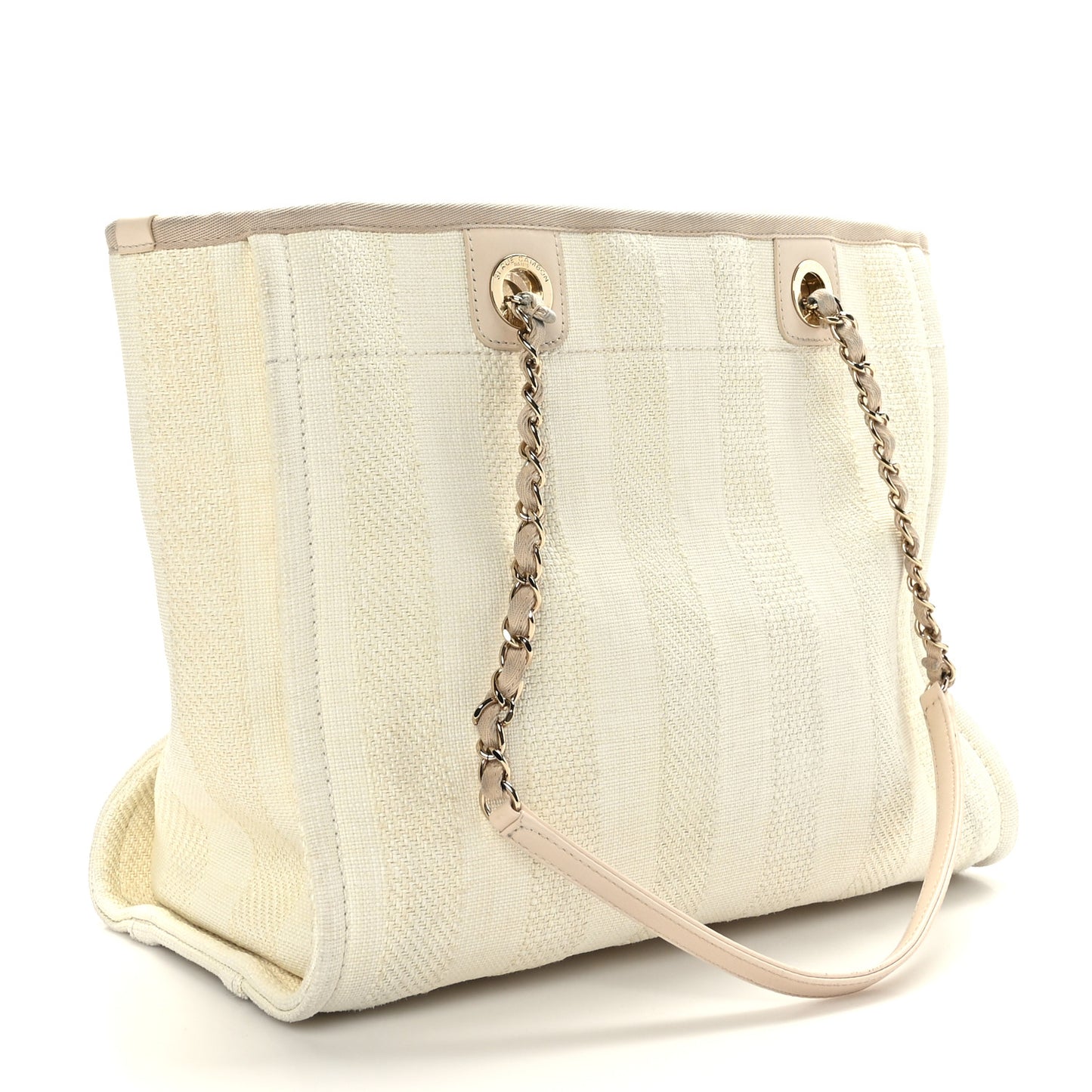 Straw Raffia Calfskin Striped Small Deauville Tote Beige