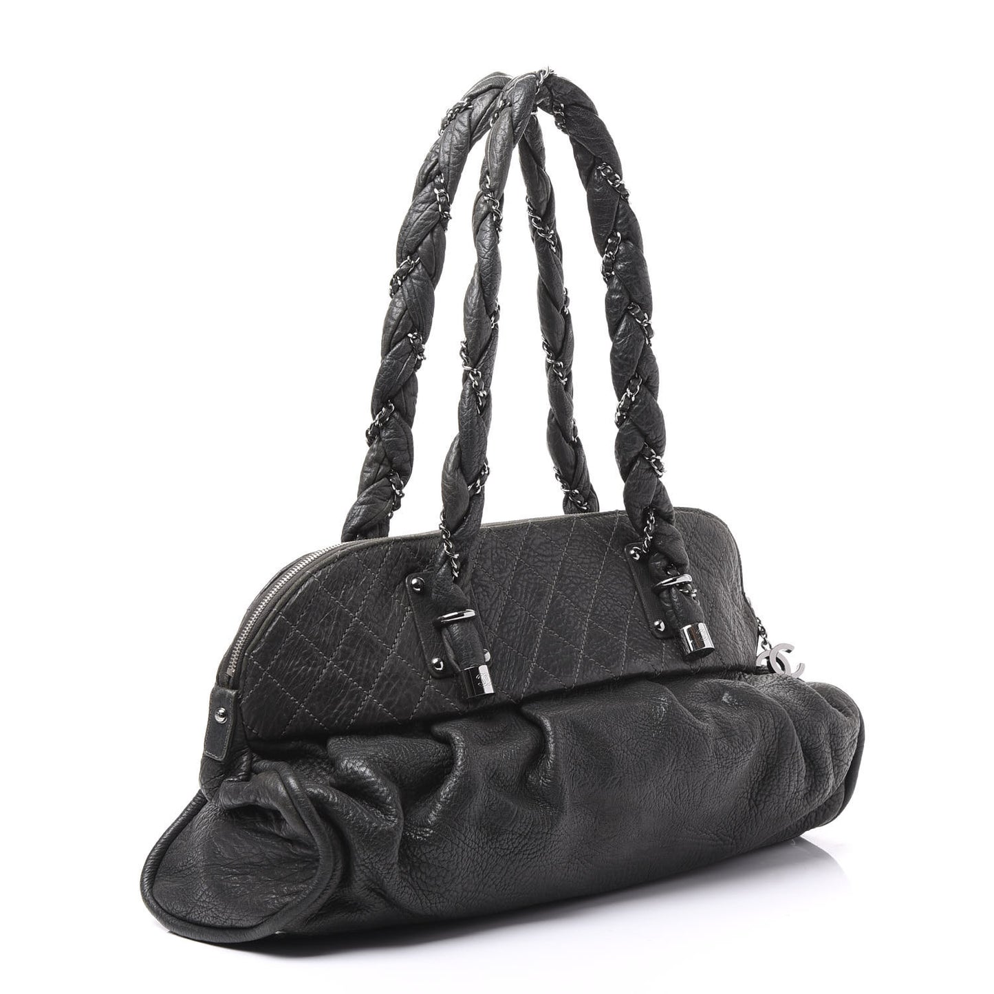 Distressed Lambskin Large Lady Braid Satchel Dark Grey