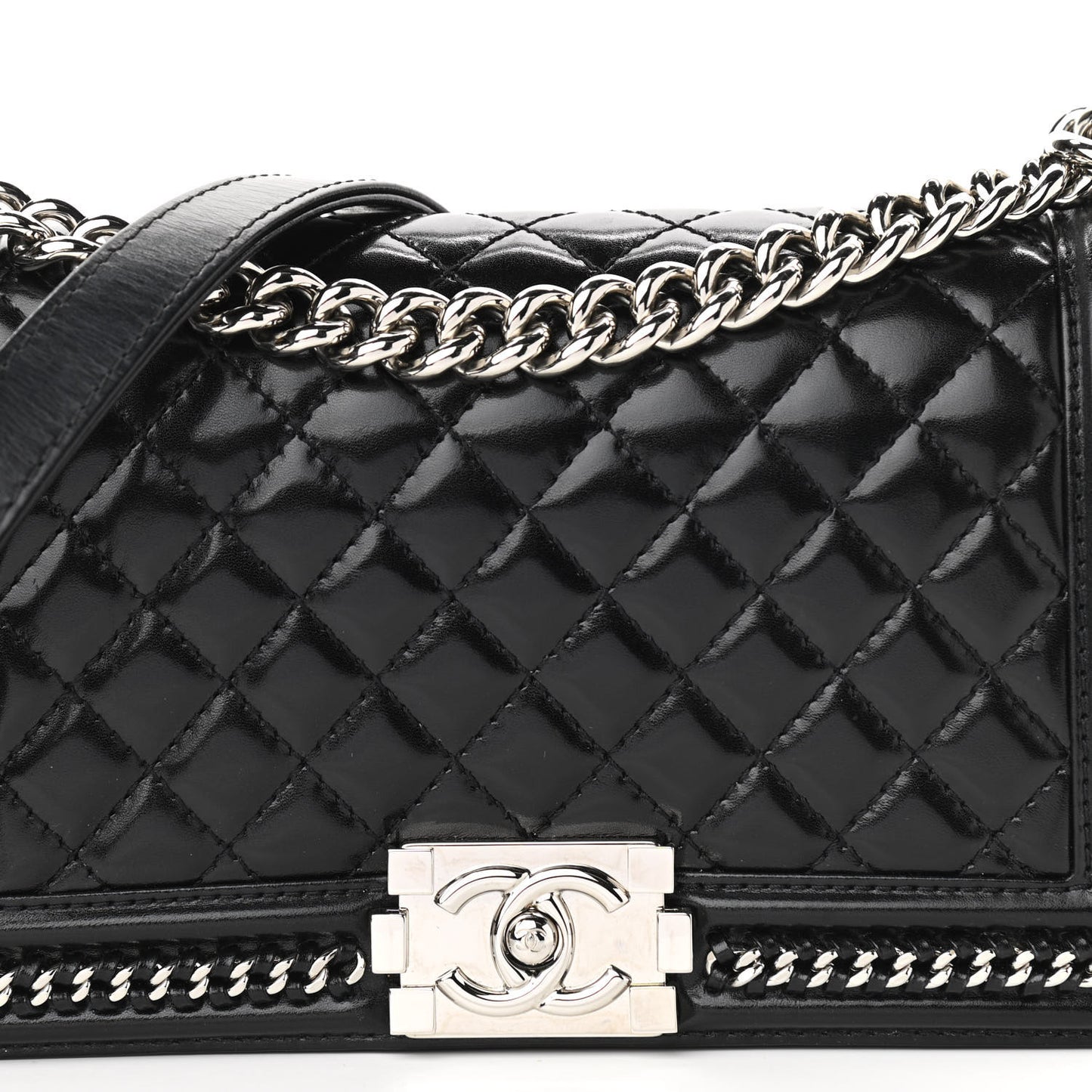 Glazed Calfskin Quilted Medium Chain Around Boy Flap Black