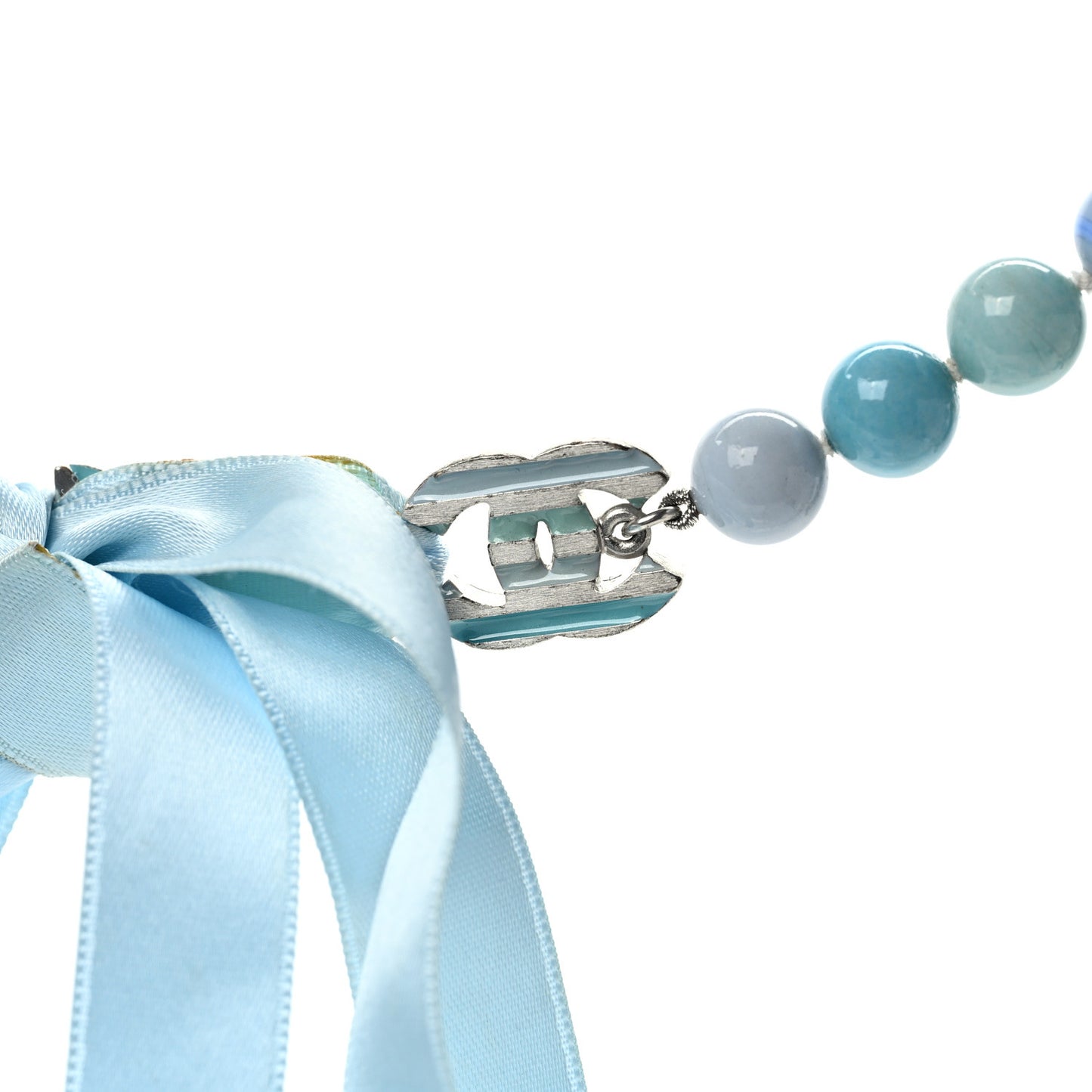 Pearl Beaded Ribbon Necklace Blue