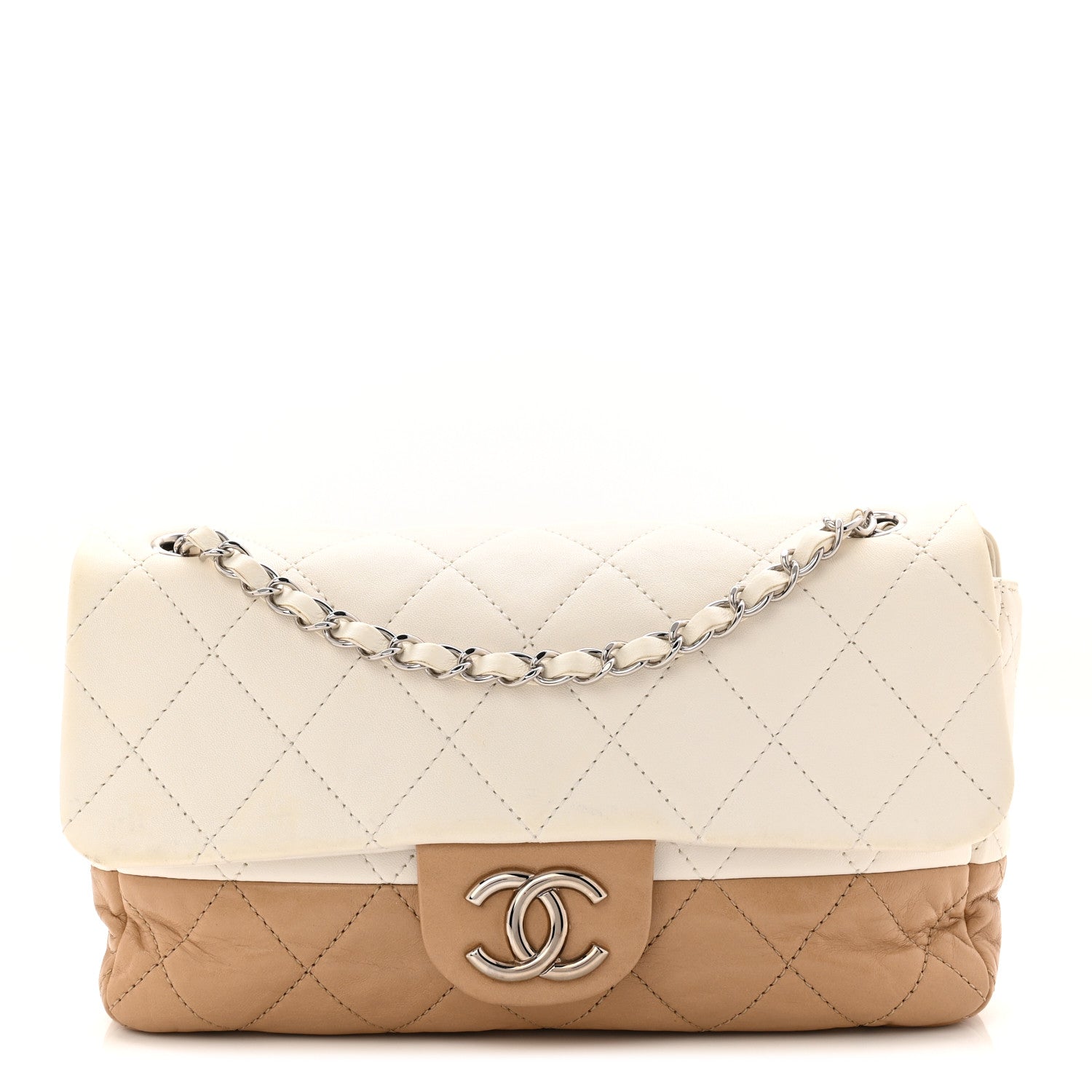 Chanel Lambskin Quilted Bi-Color Medium Single Flap White Beige