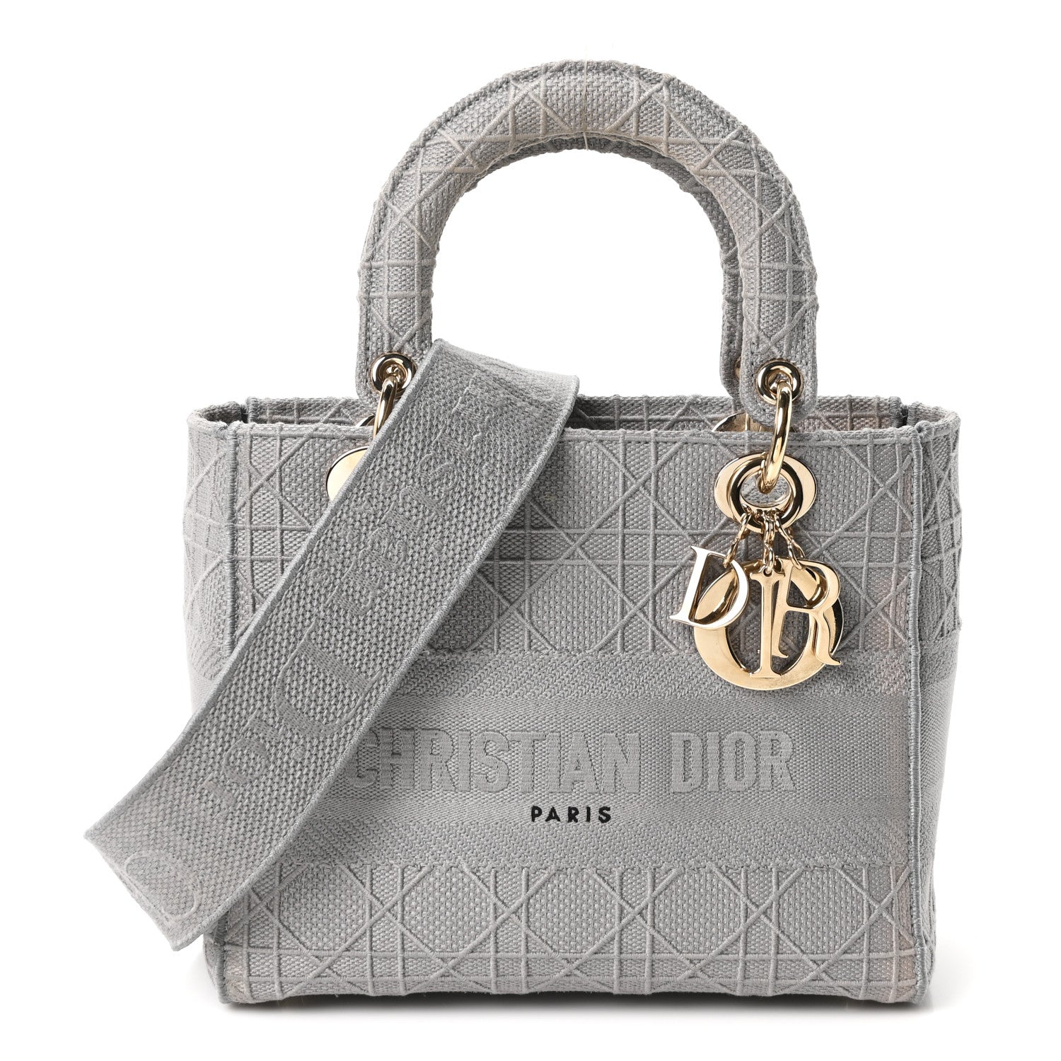 Christian Dior Canvas Embroidered Cannage Medium Lady D-Lite Gray