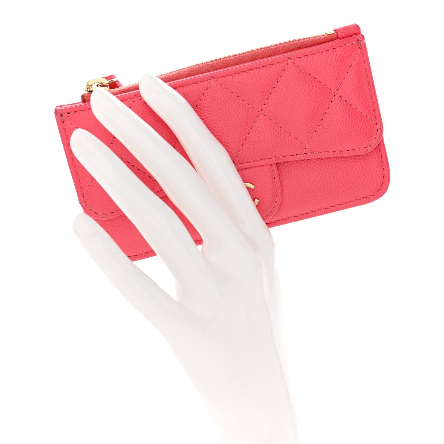 Caviar Quilted Flap Zip Card Holder Dark Pink