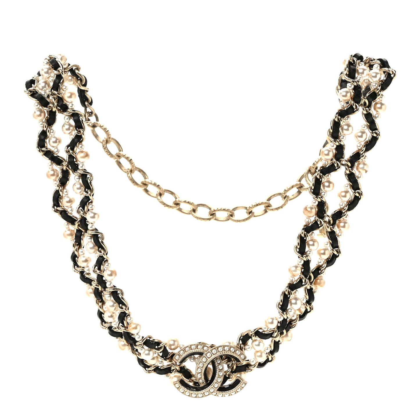 Pearl Lambskin CC Chain Twist Choker Necklace Gold Black