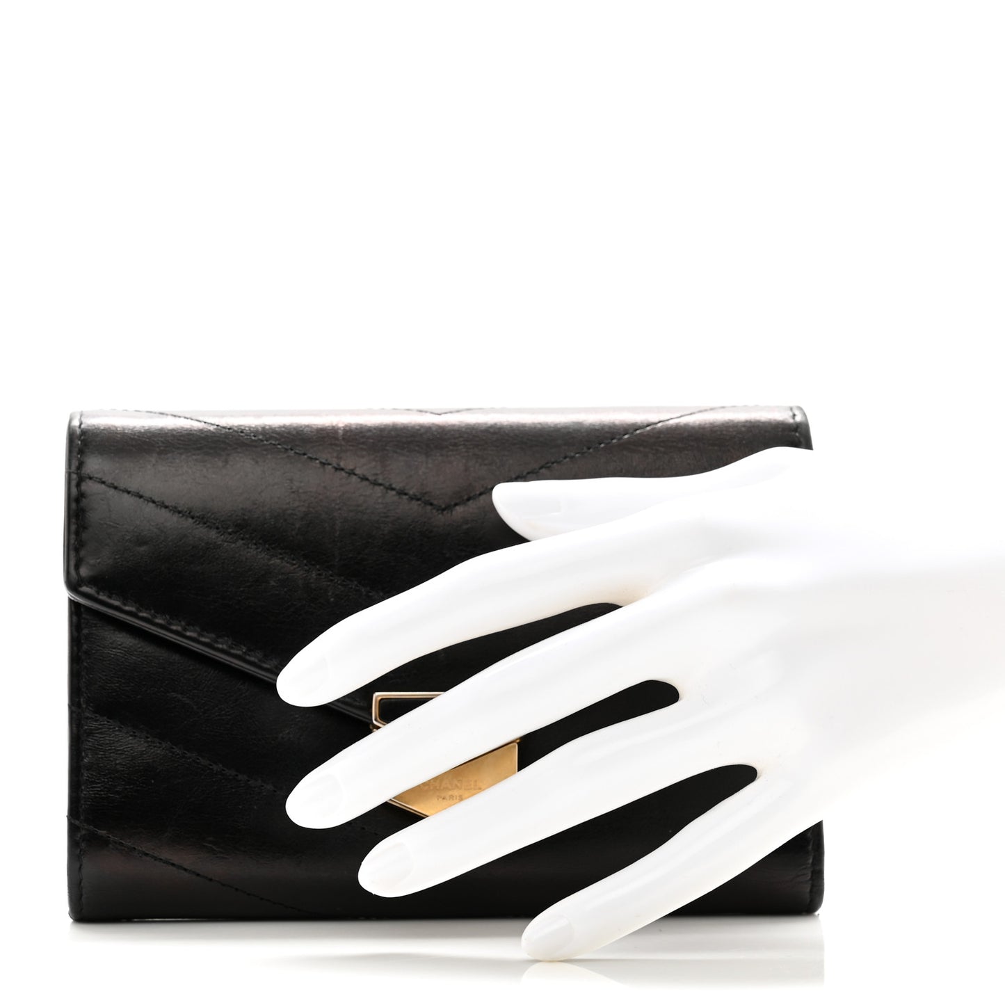 Calfskin Chevron Quilted Medal Flap Wallet Black