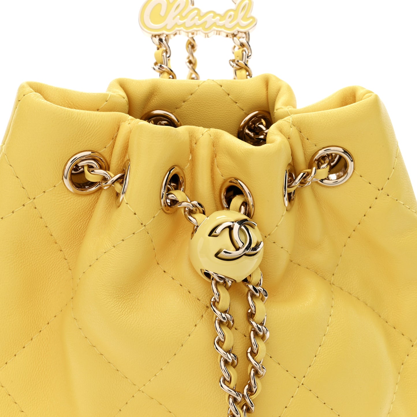 Shiny Lambskin Quilted Drawstring Backpack Yellow