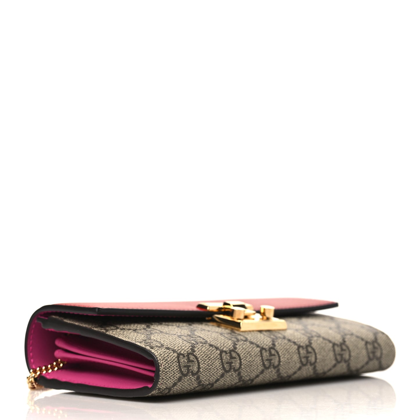 GG Supreme Monogram Moon Calfskin Padlock Continental Chain Wallet Beige Ebony Hibiscus Red New Rosette