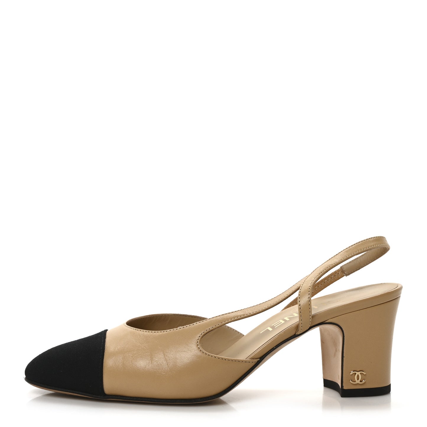 Goatskin Grosgrain Cap Toe CC Slingback Pumps 37 Beige Black