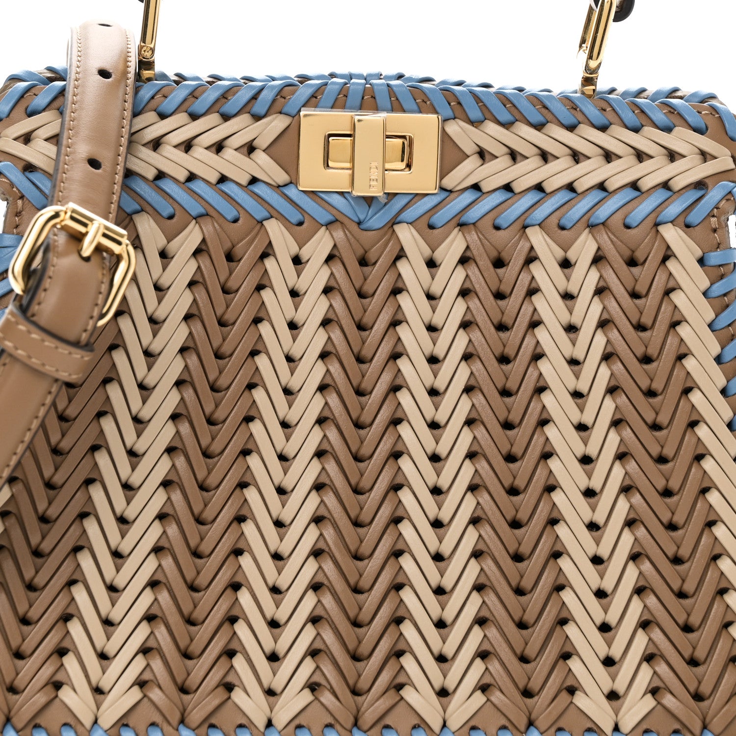 Fendi Vitello King Shiny Nappa Intreccio Petite Peekaboo I SEE U Satchel Sand Beige Blue 7 of 9