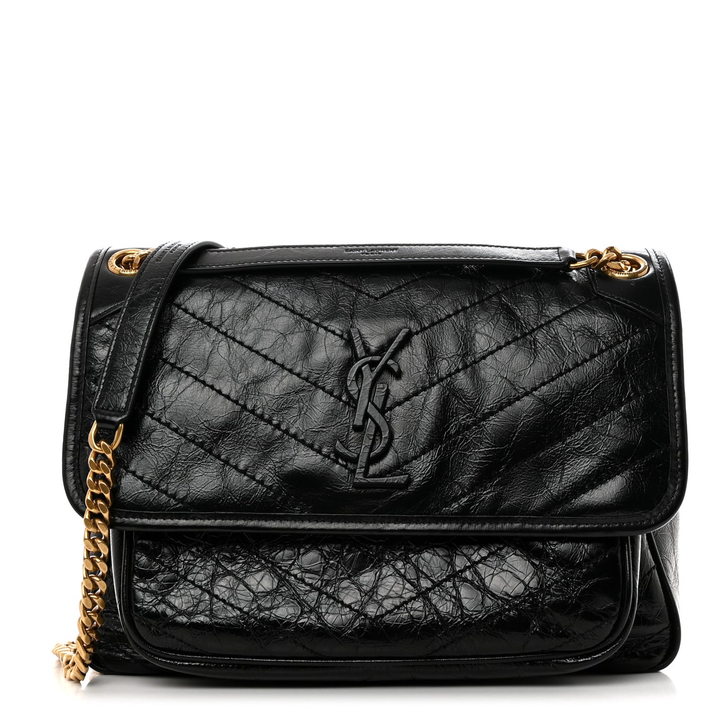 Crinkled Calfskin Matelasse Monogram Medium Niki Chain Satchel Black