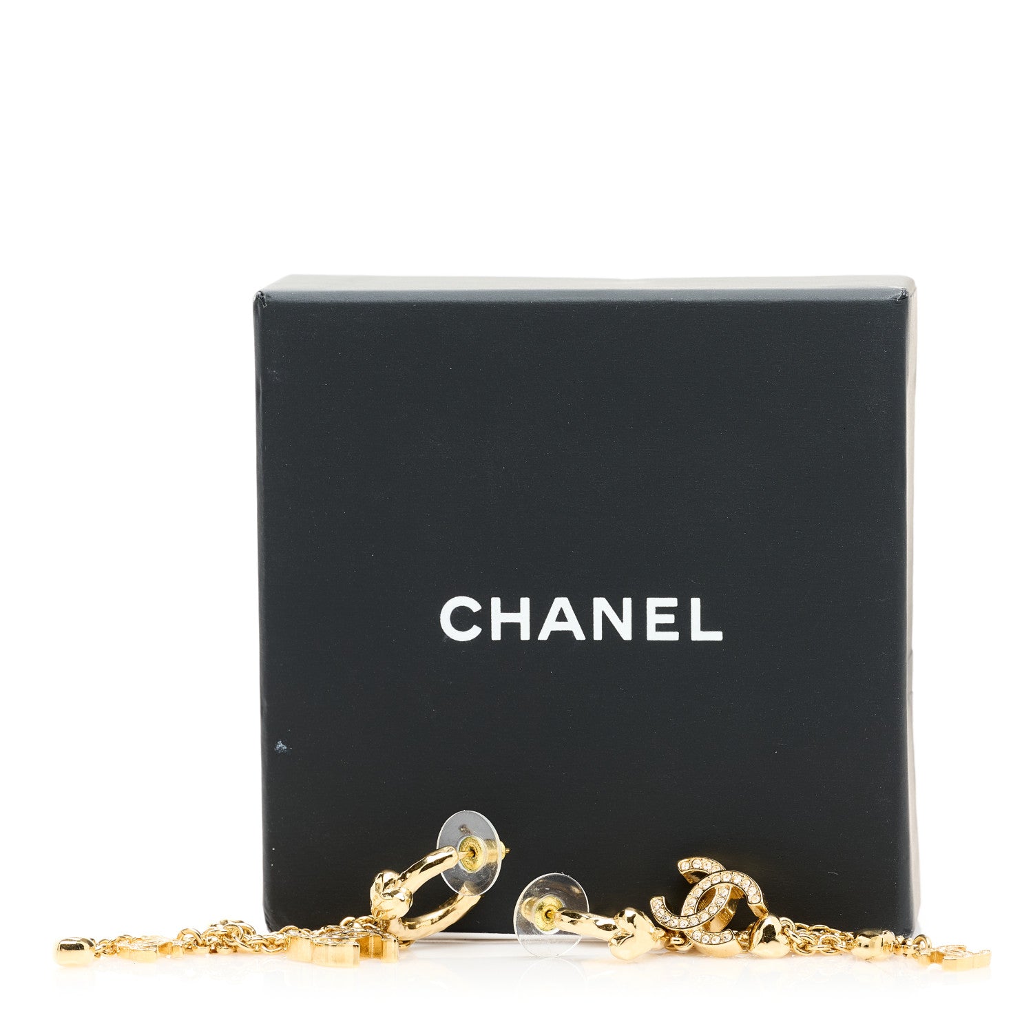 Chanel Metal Crystal CC Drop Heart Chain Earrings Gold 5 of 5